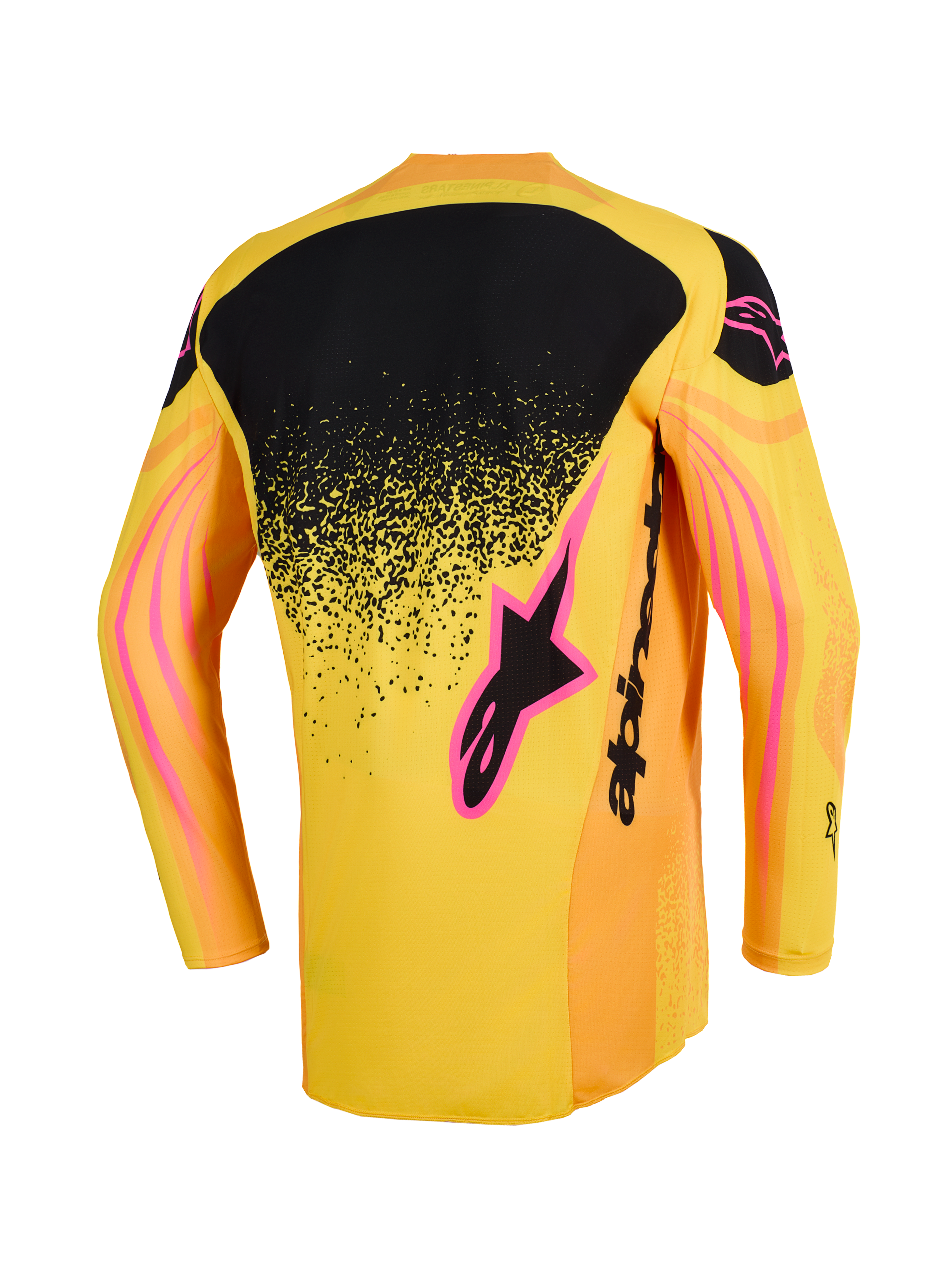 Alpinestars 2026 Techstar Nomur Trikot, Motocross-Trikot, Orange, Gelb und Pink, Rückansicht mit schwarzem oberem Rückenpanel mit gesprenkeltem Farbverlauf, pinkfarbenen Logo-Akzenten und wellenförmigen Grafikmustern auf den Ärmeln.