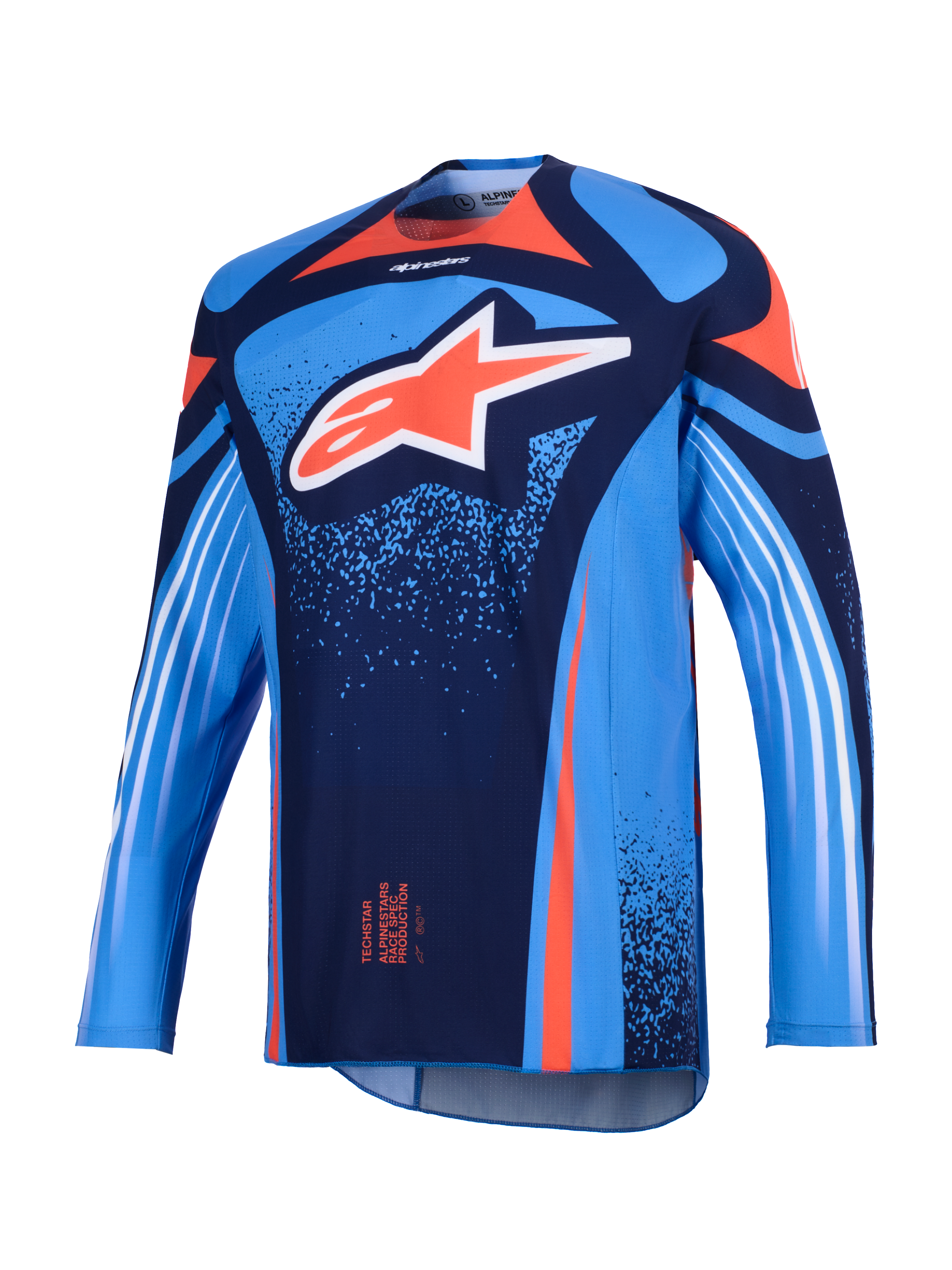 Alpinestars 2026 Techstar Nomur Jersey, Motocross Jersey, Dark Navy and UCLA Blue with Orange accents, featuring a large white Astars logo on the chest and white diagonal stripes on the long sleeves, lightweight athletic race fit for off-road performance