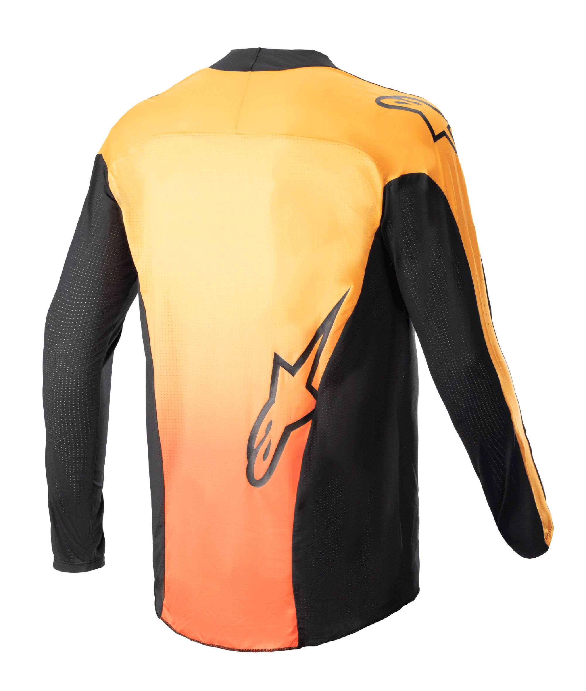 Alpinestars 2023 Techstar Sein Jersey, motorcross shirt, zwart en feloranje, achteraanzicht met levendig oranje gradiënt op de rug, zwarte zijpanelen en mouwen, voorzien van Alpinestars logo-graphics op de onderrug en schouder