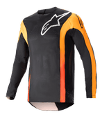 Alpinestars 2023 Techstar Sein Jersey, motorcross shirt met lange mouwen, zwart met Hot Orange accenten, wit Alpinestars-logo op de borst, lichtgewicht ademende mesh-stof, atletische race-pasvorm