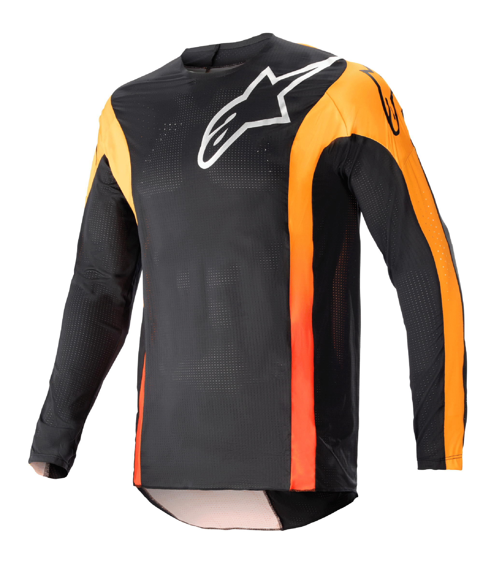 Alpinestars 2023 Techstar Sein Jersey, motorcross shirt met lange mouwen, zwart met Hot Orange accenten, wit Alpinestars-logo op de borst, lichtgewicht ademende mesh-stof, atletische race-pasvorm