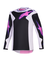 Alpinestars 2026 Fluid Grid Jersey, Motocross Jersey, Black, Light Gray, and Purple, featuring pink Astars logos on the chest and sleeves, black panels on a light gray base, long-sleeved athletic fit for off-road riding.