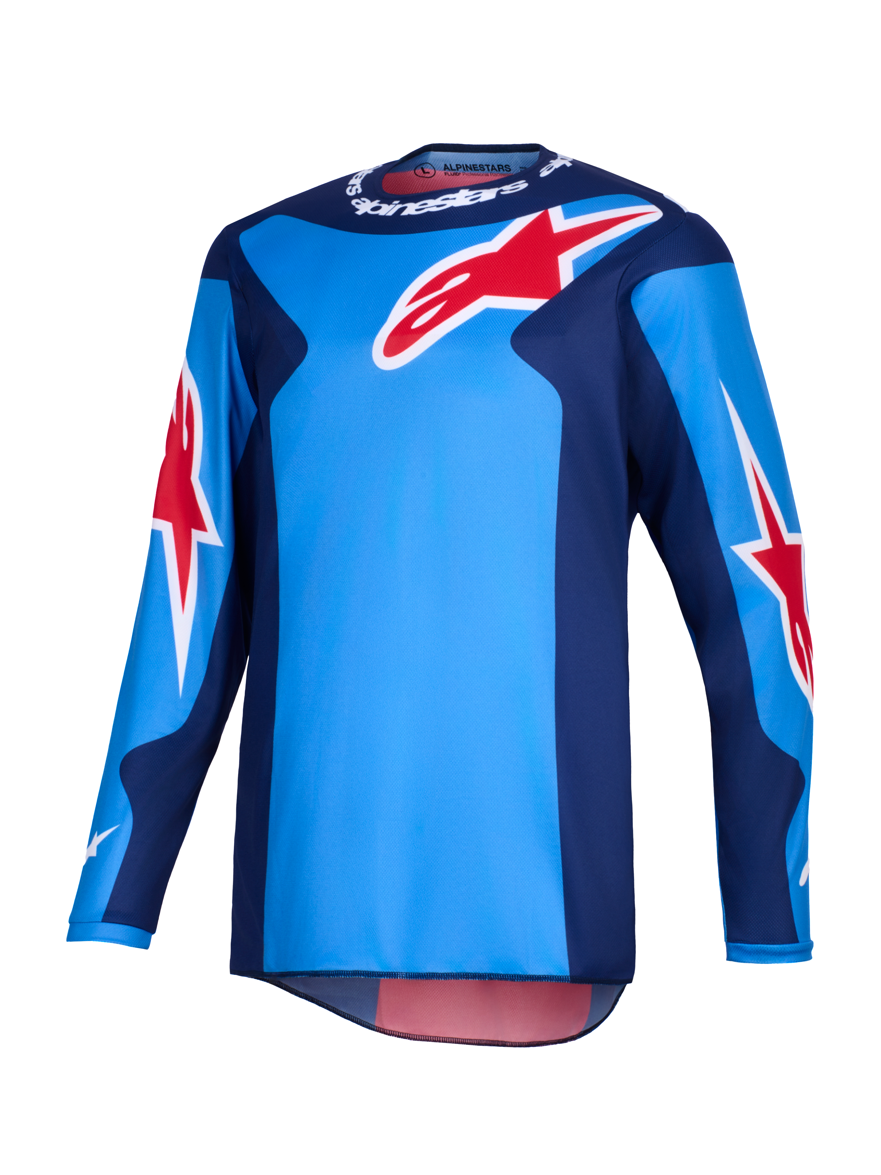 Alpinestars 2026 Fluid Grid Jersey, Motocross Jersey, Blue and Red, featuring large red Alpinestars star logos, dark blue side panels, and lightweight poly-fabric construction with a dropped rear for off-road riding.