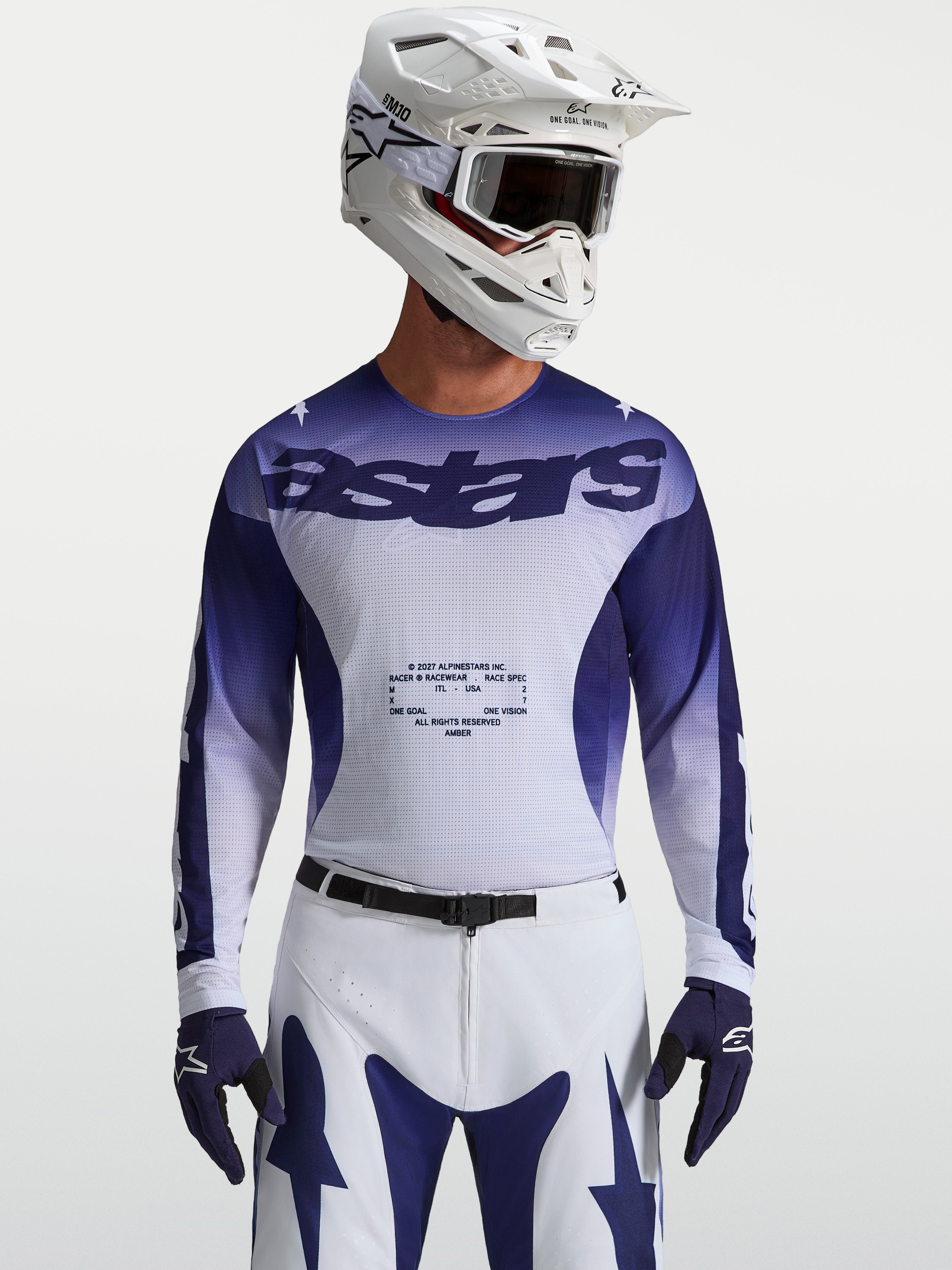 Alpinestars Racer Air Amber jersey, ademende motorcross jersey in blauw en wit met lichtgewicht mesh voor optimale ventilatie.