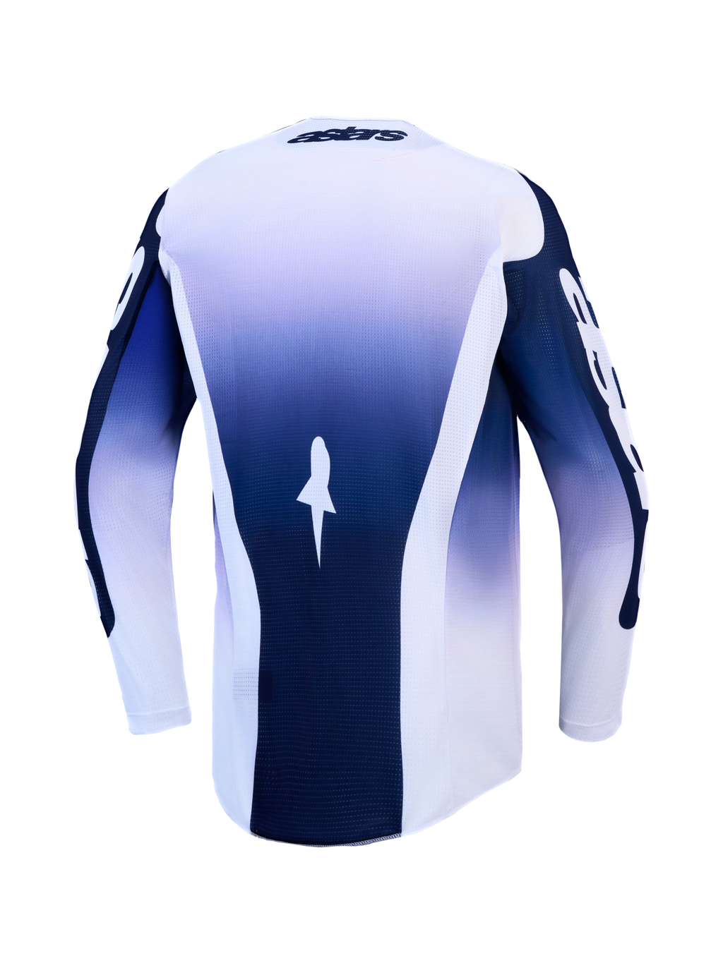 Alpinestars Racer Air Amber jersey, blauw en wit motorcrossjersey, achteraanzicht, ademend mesh met verlengde achterzoom.