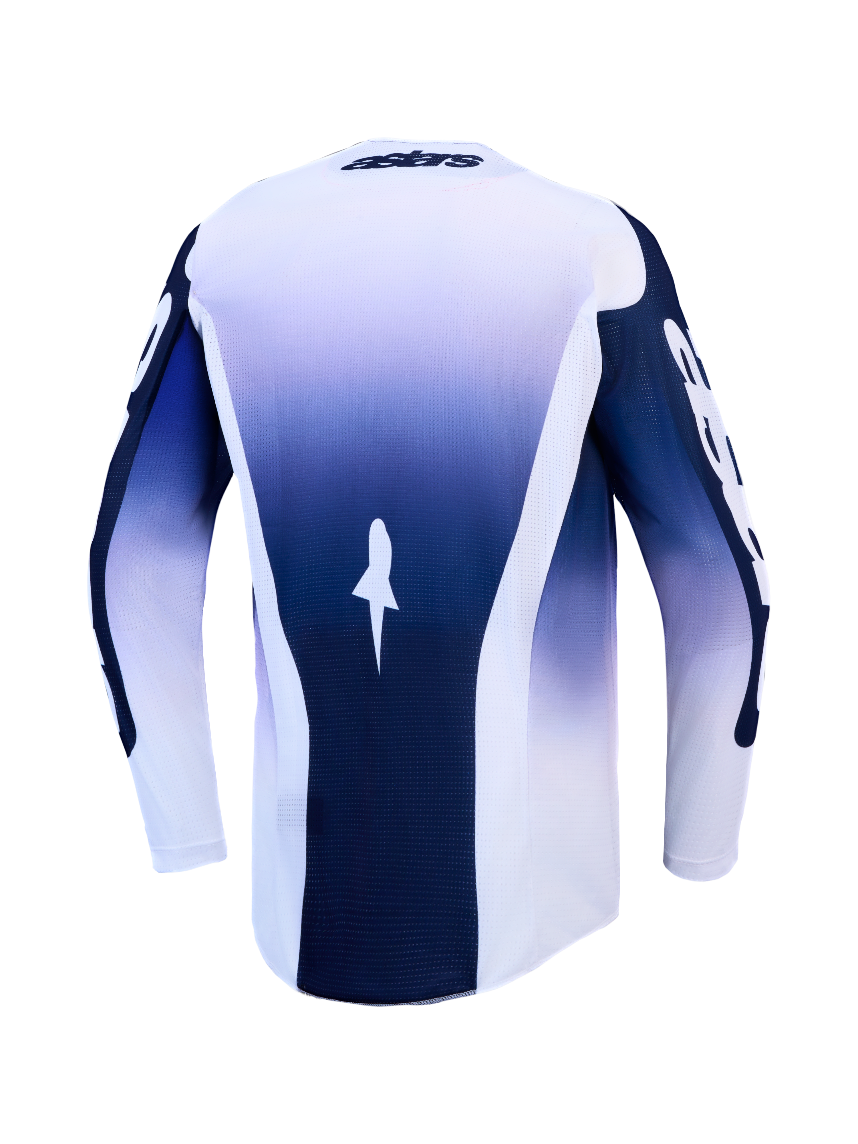 Alpinestars Racer Air Amber jersey, blauw en wit motorcrossjersey, achteraanzicht, ademend mesh met verlengde achterzoom.
