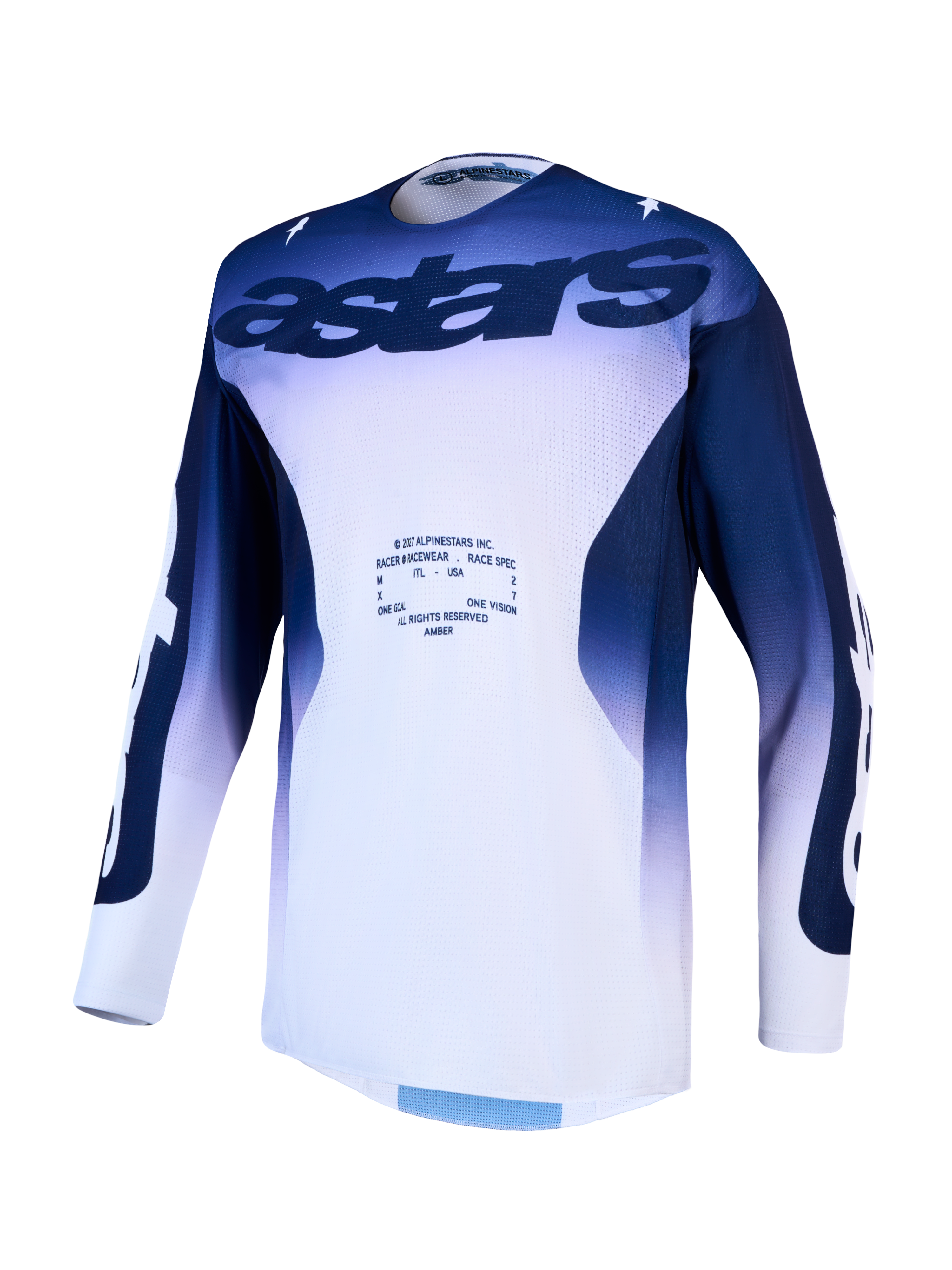 Alpinestars Racer Air Amber Jersey, geventileerde heren motorcrosstop, blauw en wit, ademend meshmateriaal.