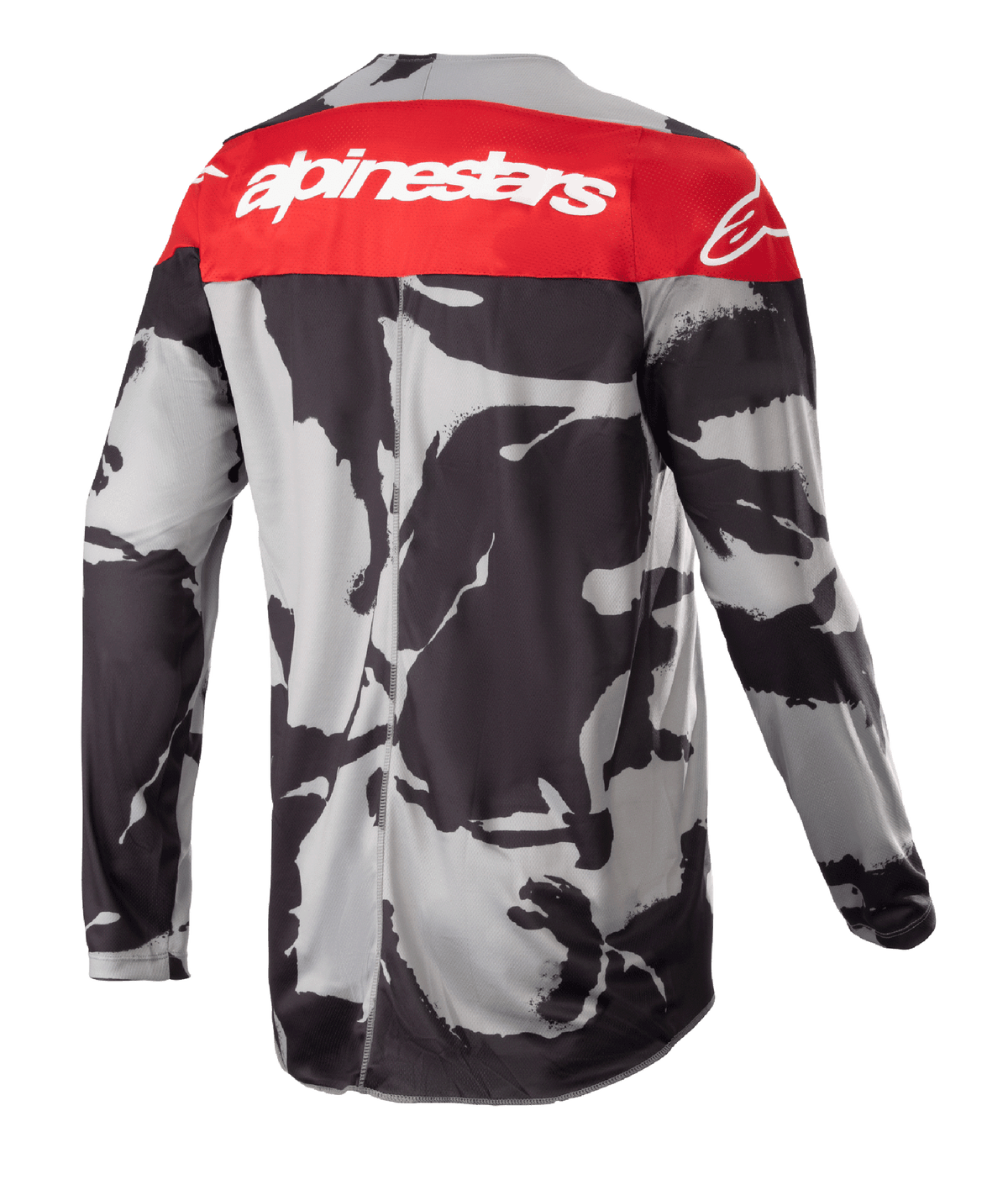 Maillot Alpinestars Racer Tactical 2023, maillot de motocross, Cast Gray Camo et Mars Red, vue de dos présentant un panneau supérieur rouge avec logo Alpinestars blanc et un motif camouflage gris-noir, vêtement de performance léger pour le tout-terrain