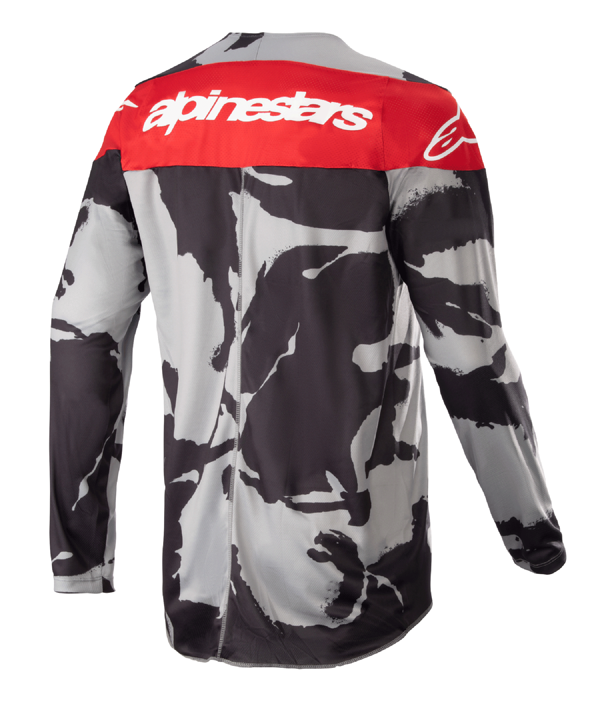 Maillot Alpinestars Racer Tactical 2023, maillot de motocross, Cast Gray Camo et Mars Red, vue de dos présentant un panneau supérieur rouge avec logo Alpinestars blanc et un motif camouflage gris-noir, vêtement de performance léger pour le tout-terrain