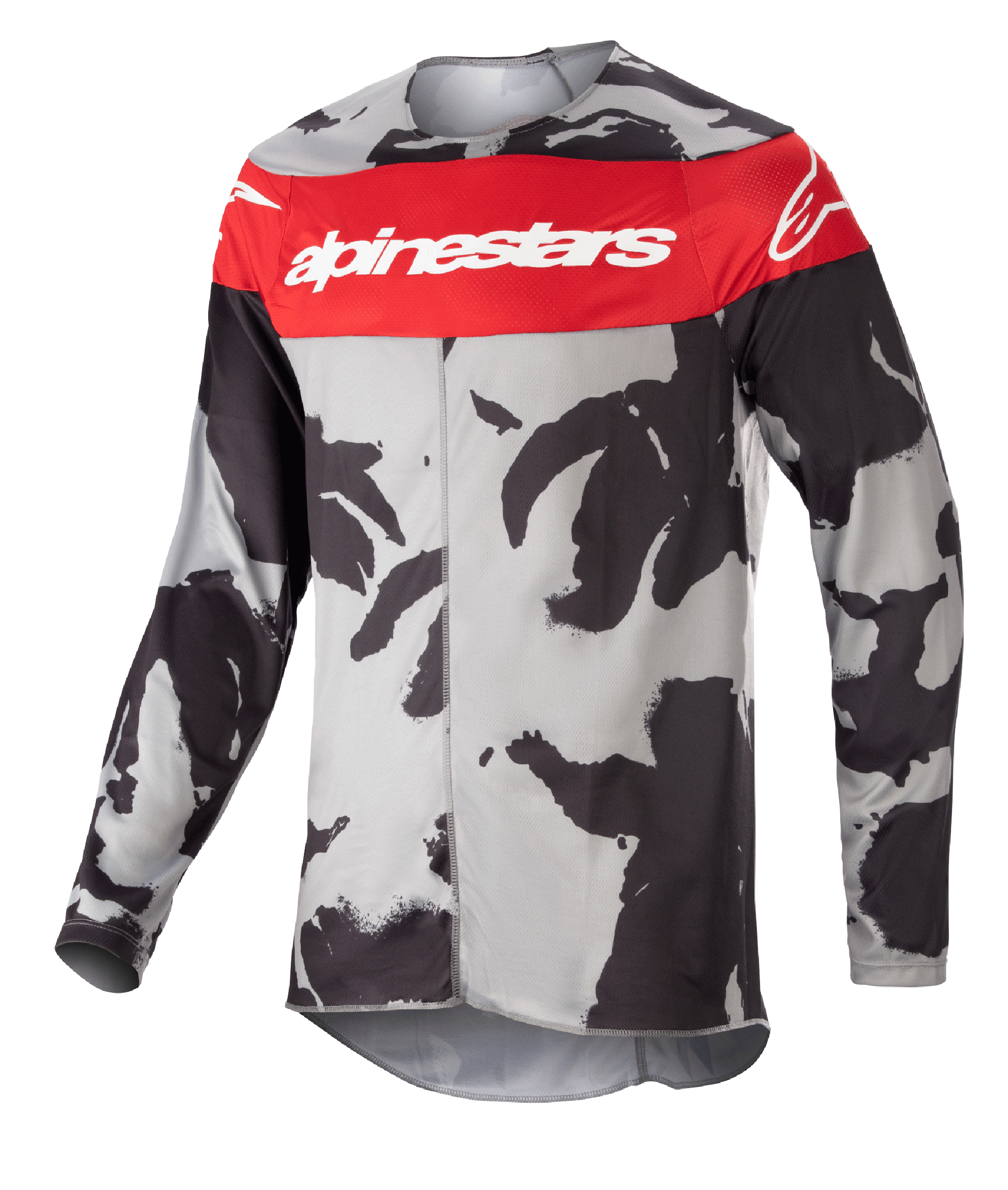 Alpinestars 2023 Racer Tactical Jersey, Motocross-Trikot, Cast Gray Camo und Mars Red, markanter roter Bruststreifen mit weißem Alpinestars-Branding, schwarz-graues Tarnmuster, technische Langarm-Bekleidung für den Offroad-Rennsport