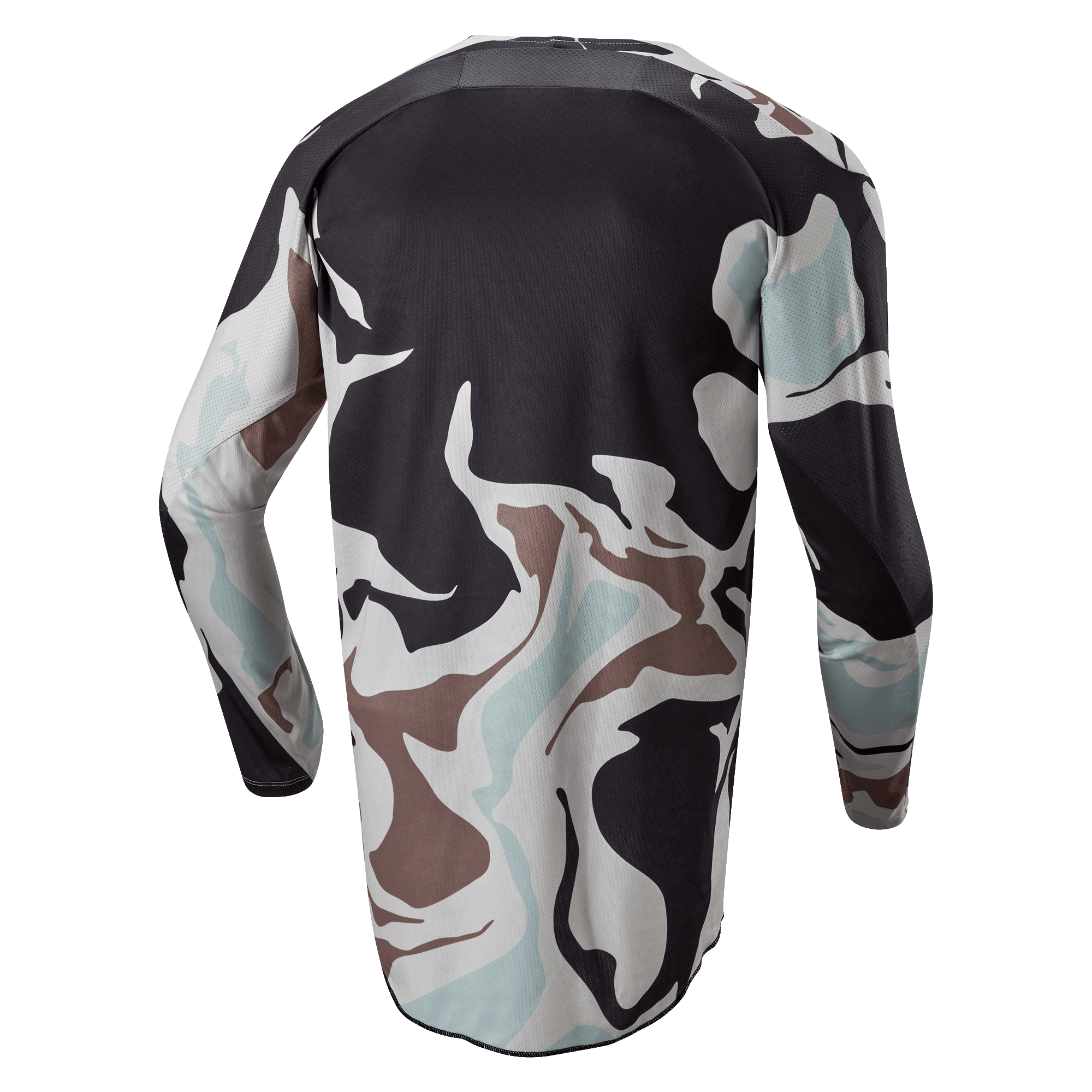 Maillot Alpinestars Racer Tactical 2024, Iron Camo Dust Gray, vue arrière d'un maillot de motocross à manches longues présentant un motif camouflage gris, noir, bleu clair et beige, avec un pan arrière plus long pour une meilleure couverture.