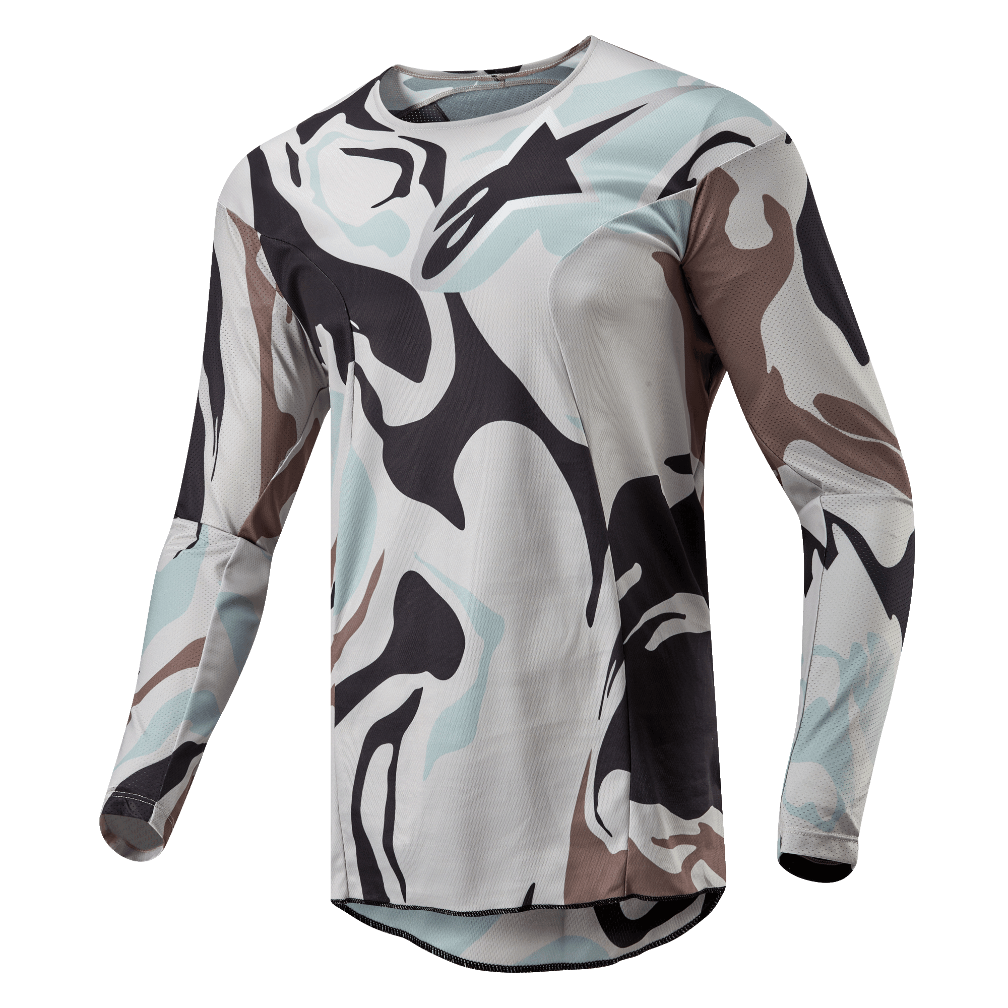 Maillot Alpinestars Racer Tactical 2024, maillot de motocross, Iron Camo Dust Gray, arborant un motif camouflage audacieux dans des tons gris clair, gris foncé et bleu pâle, construction légère en poly-tissu avec inserts en maille respirante, coupe sport ergonomique.