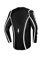 Alpinestars 2026 Fluid Apex Jersey, Motocross Jersey, Black with white curved piping, back view showing ergonomic cut and small white logo, performance long-sleeve jersey for off-road racing