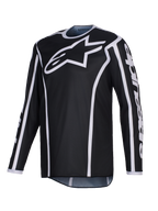 Alpinestars 2026 Fluid Apex Jersey, Motocross Jersey, Black with white accents, large white logo on chest, white trim along the seams, long-sleeve performance polyfabric for off-road racing