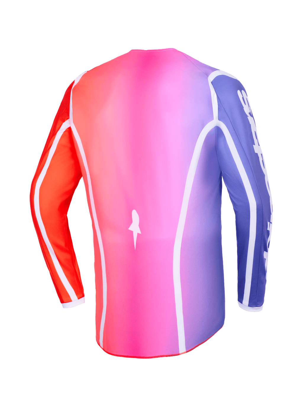 Alpinestars 2026 Fluid Apex Jersey, Back view, Multicolor pink purple and orange gradient, featuring white curved piping and an extended rear hem, professional motocross and off-road apparel