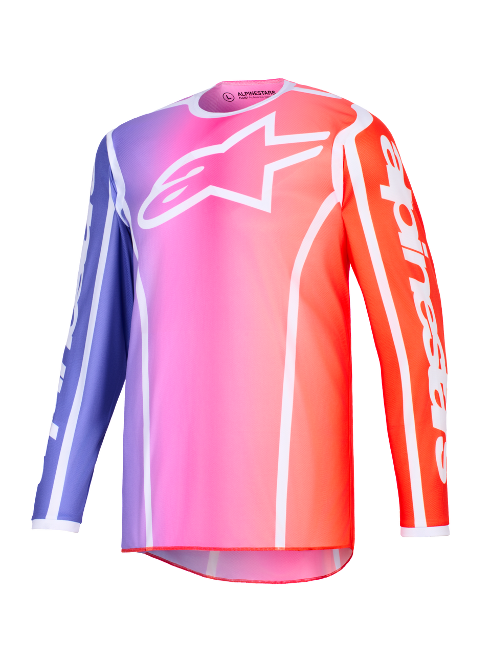 Alpinestars 2026 Fluid Apex Jersey, Motocross Jersey, Purple Pink and Orange gradient with white accents, white Astars logo on chest and sleeve branding, lightweight performance polyfabric for off-road racing.