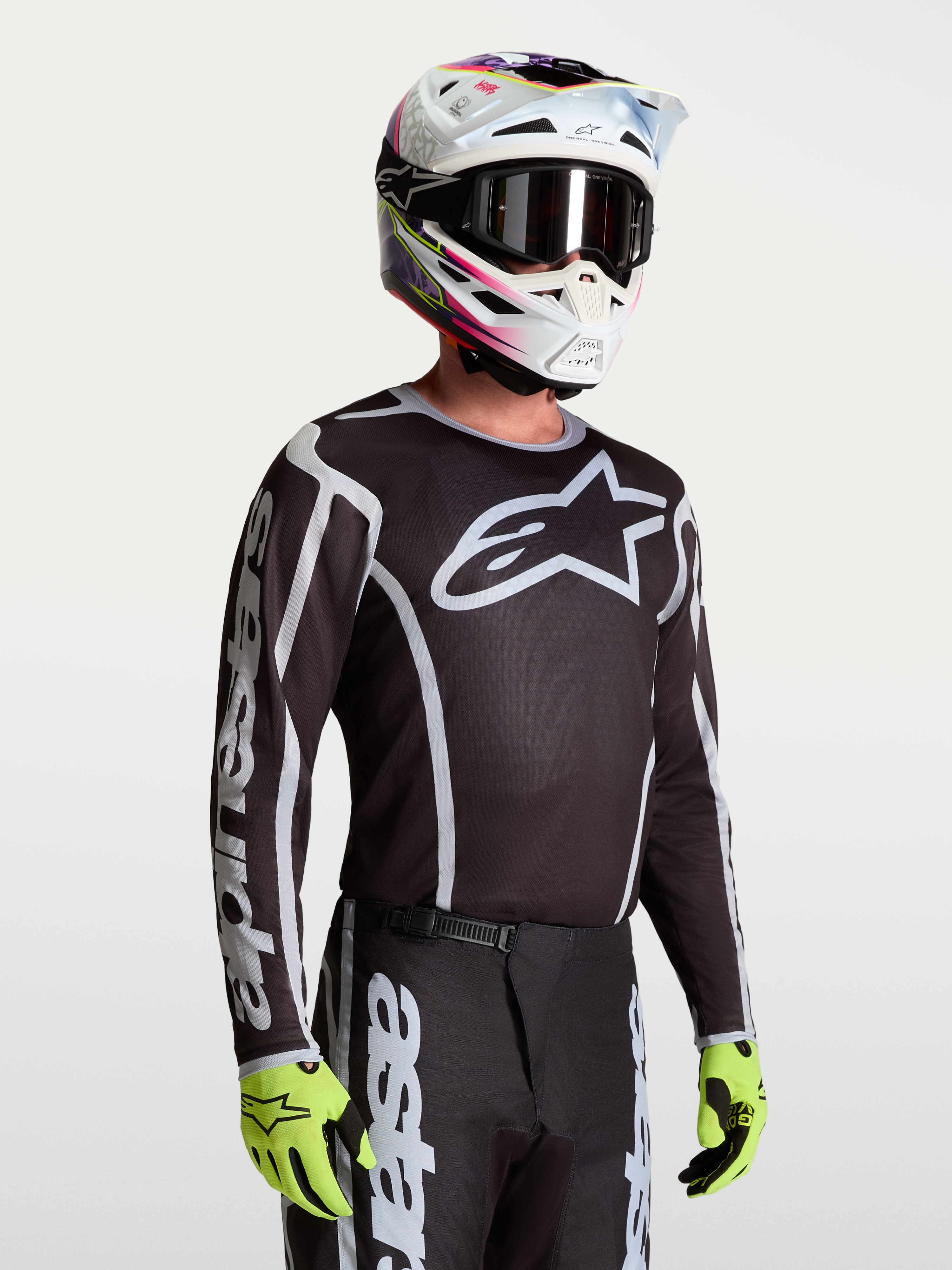 Alpinestars Fluid Apex V2 Jersey, Men's Motocross Jersey, Black and Silver, breathable moisture-wicking polyfabric.