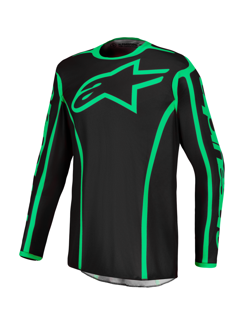 Alpinestars Fluid Apex V2 jersey, zwart en fluogroen motorcrossjersey met vochtafvoerend polyfabric en sterlogo.