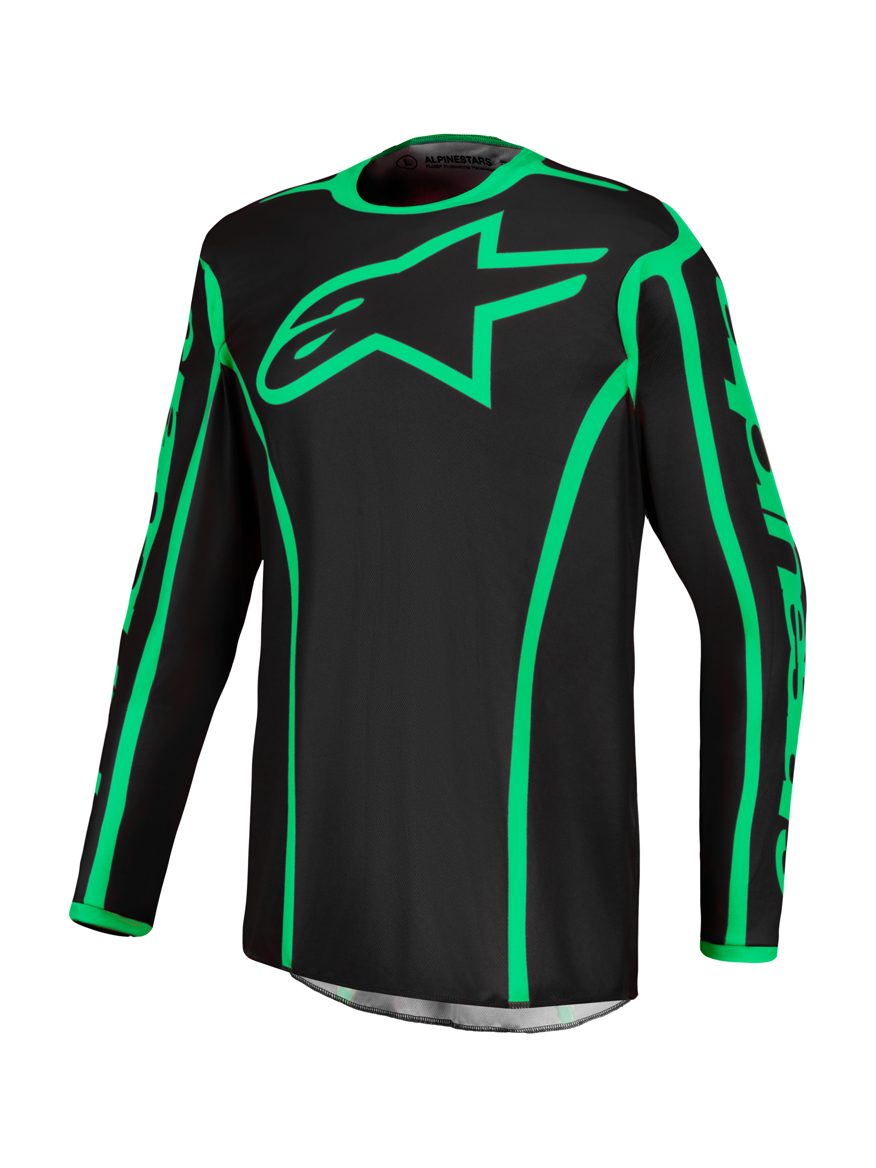 Alpinestars Fluid Apex V2 jersey, zwart en fluogroen motorcrossjersey met vochtafvoerend polyfabric en sterlogo.