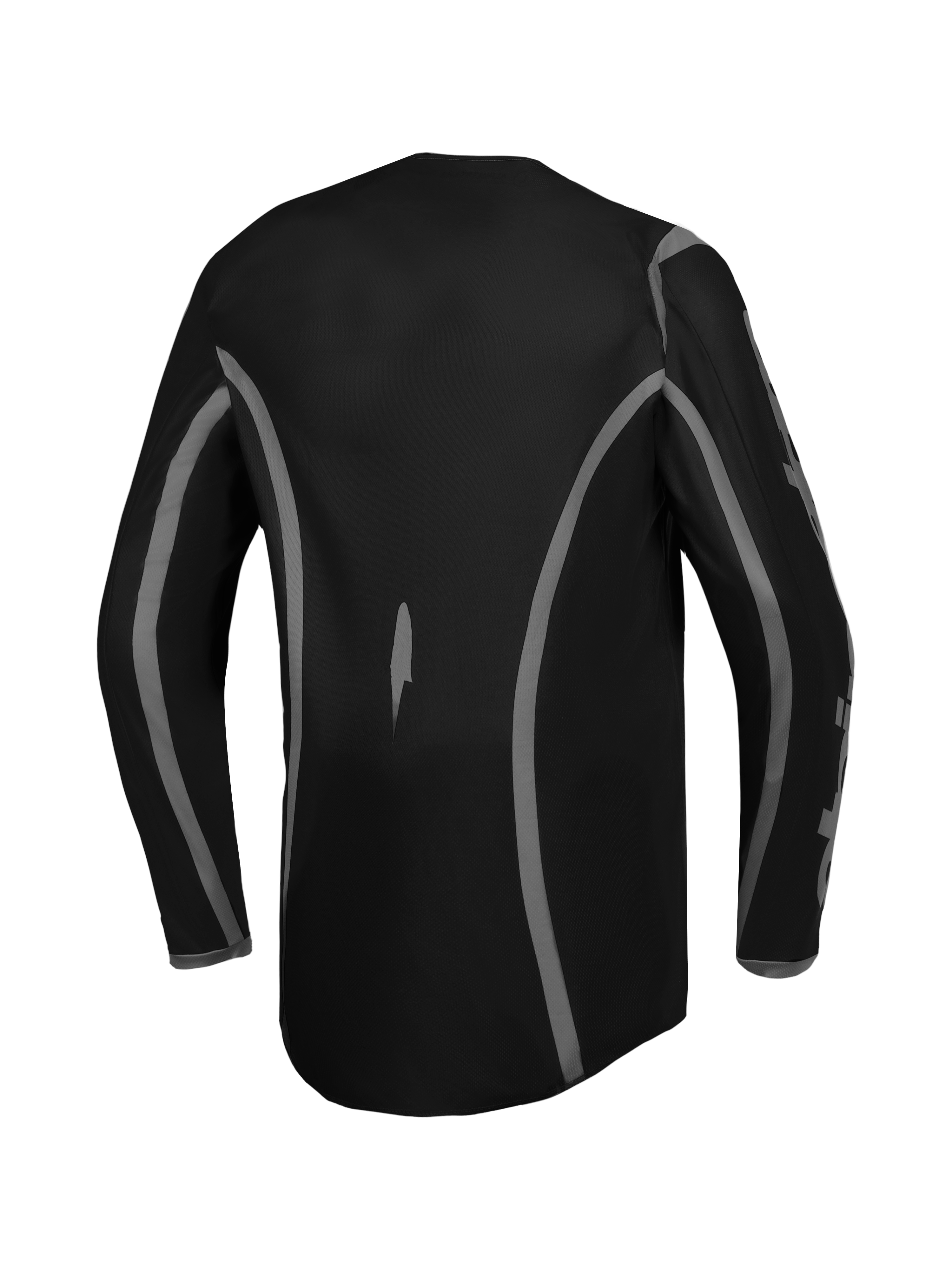 Alpinestars Fluid Apex V2 jersey, heren-motorcrossjersey in zwart en zilver, achteraanzicht met verlengde achterkant voor betere bedekking, ademende polyfabric constructie.