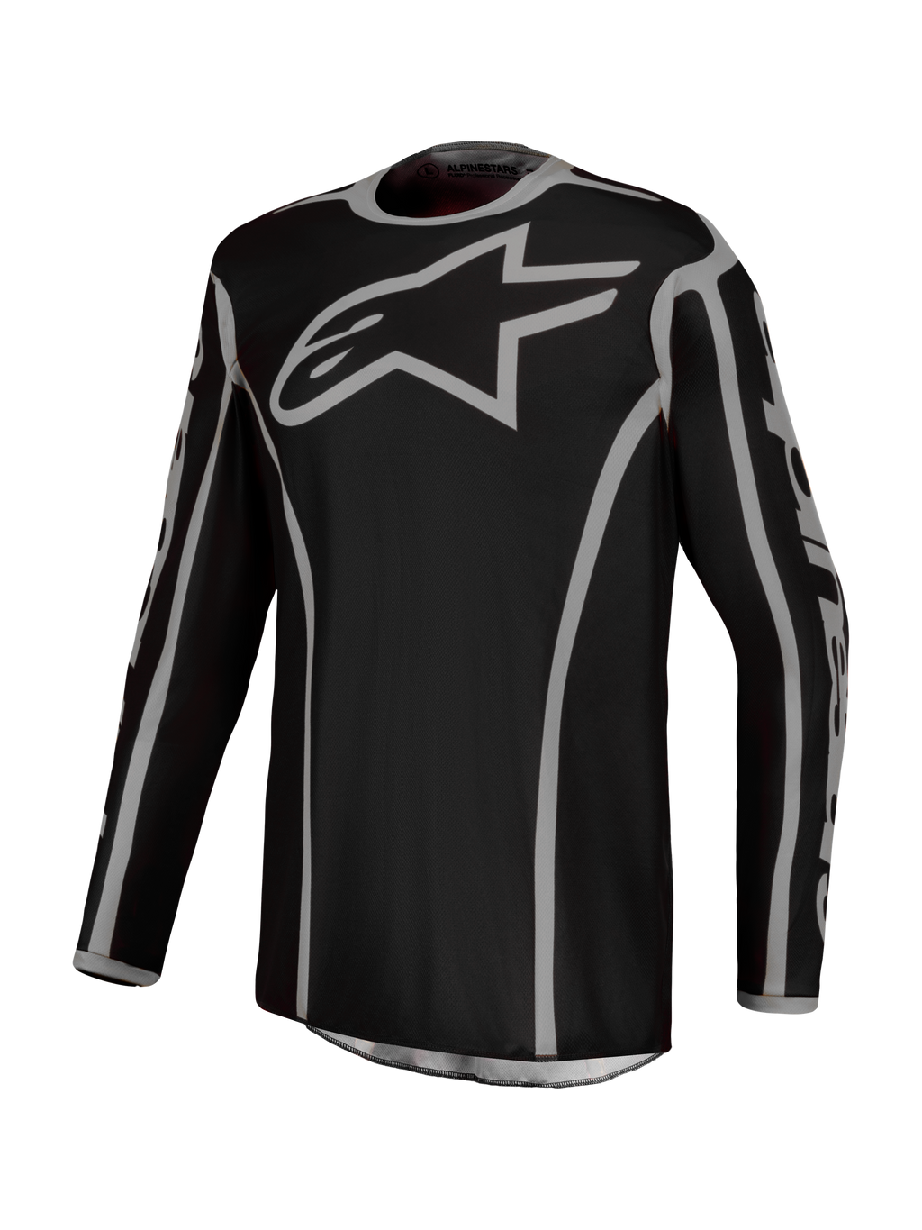 Alpinestars Fluid Apex V2 heren-motocross jersey, zwart en zilver, ademende vochtafvoerende polyfabric.