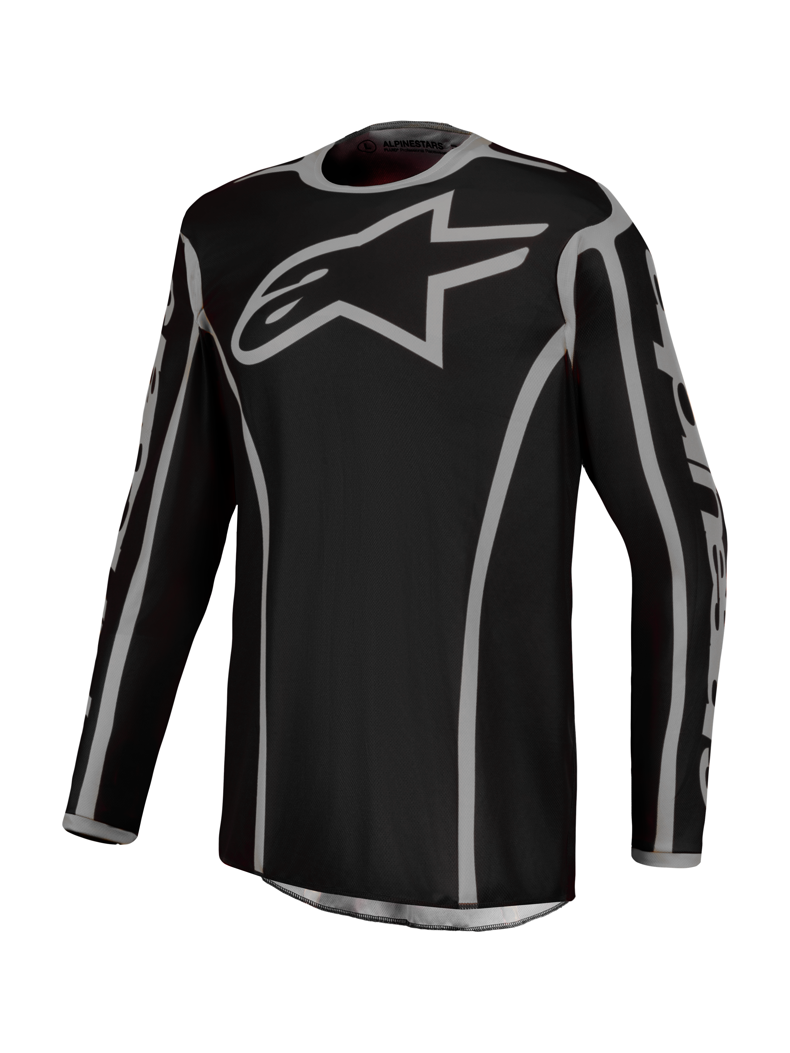 Alpinestars Fluid Apex V2 heren-motocross jersey, zwart en zilver, ademende vochtafvoerende polyfabric.