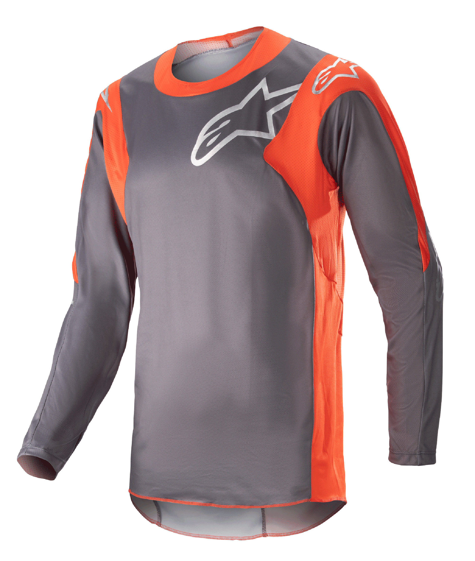 Alpinestars 2023 Racer Hoen Jersey, motorcross shirt met lange mouwen, Magnet Gray en Hot Orange, wit Alpinestars logo op de borst en schouders, lichtgewicht performance-stof voor off-road racing