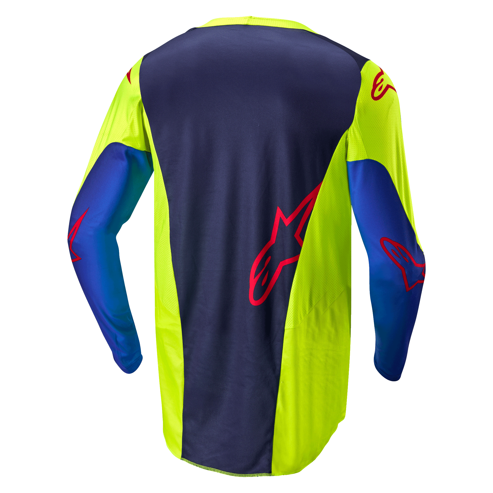 Alpinestars 2024 Racer Hoen Jersey, Motocross Jersey, Yellow Fluo and Blue Night Navy, back view showing dark blue central panel with red logo, bright yellow side sections, long sleeves, and breathable mesh fabric designed for off-road performance.