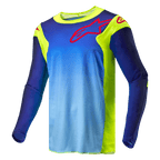 Alpinestars 2024 Racer Hoen Jersey, Motocross Jersey, Yellow Fluo and Blue Night Navy, featuring a blue gradient body with fluorescent yellow panels, red Alpinestars logo on the chest and shoulders, long-sleeved technical off-road gear.
