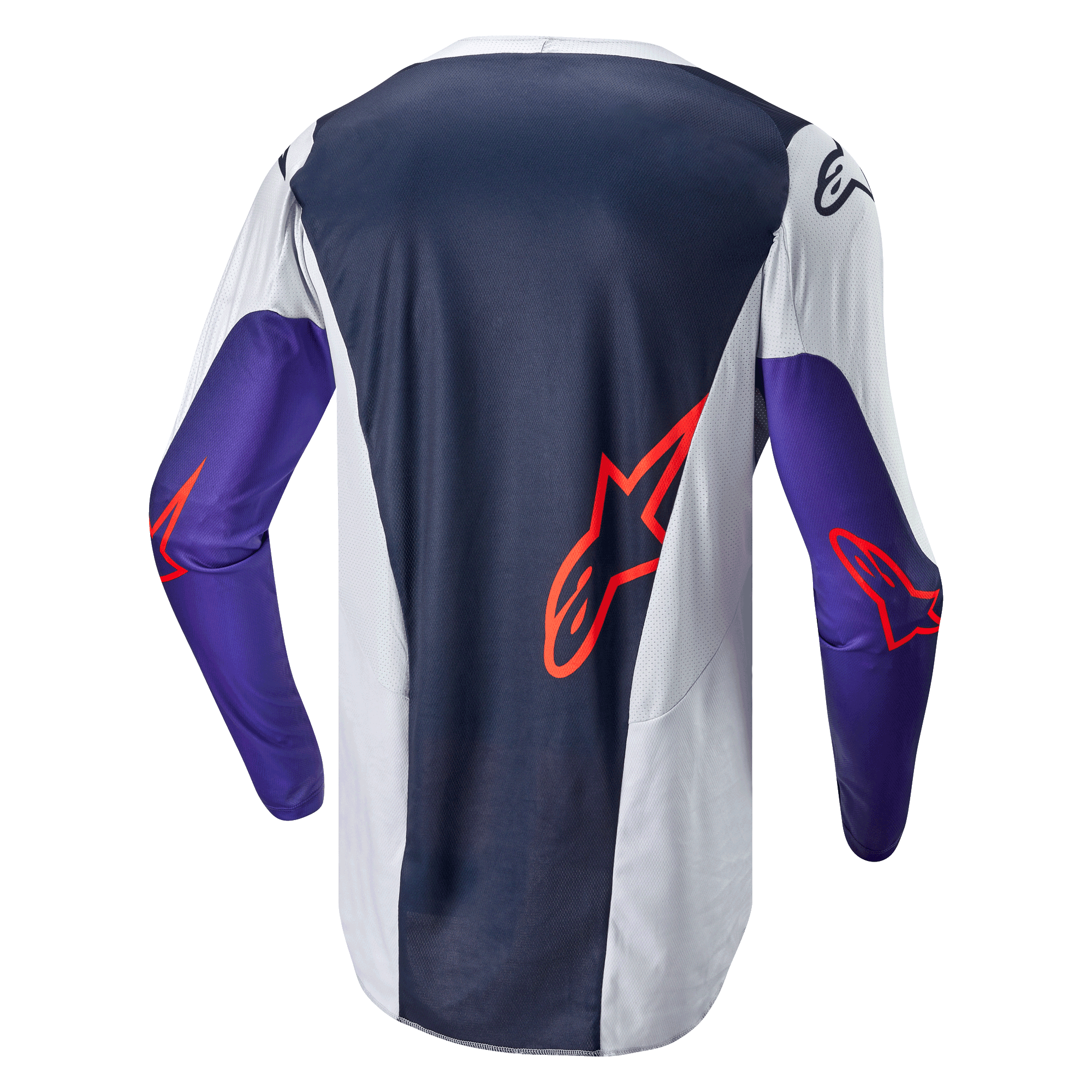 Alpinestars 2024 Racer Hoen Trikot, Motocross-Trikot, Rückansicht, Dunkelblau und Hellgrau mit lila Ärmeln, orangefarbene Alpinestars-Logos, technisches Mesh-Gewebe für Offroad-Performance