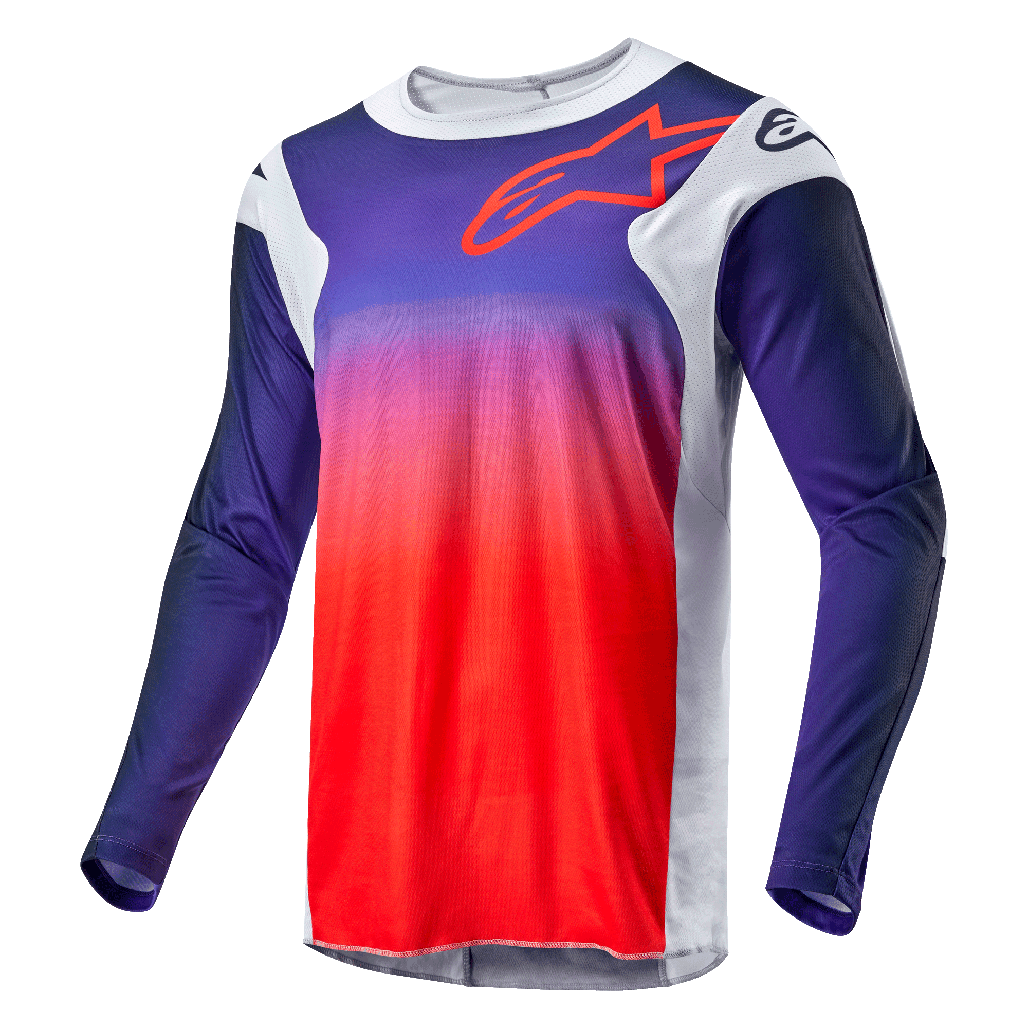 Alpinestars 2024 Racer Hoen Jersey, Motocross-Trikot, Farbverlauf von Marineblau zu Hot Orange mit hellgrauen Seiteneinsätzen, roter Alpinestars-Logo-Umriss auf der Brust, technische Langarmbekleidung für den Offroad-Rennsport