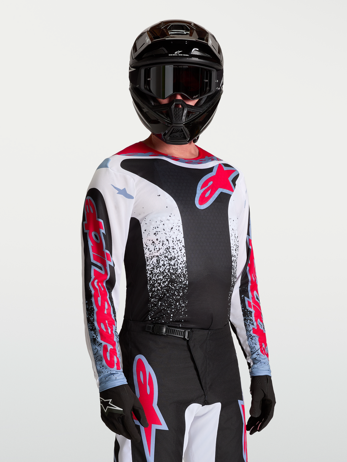 Alpinestars Fluid Drag Trikot, Motocross-Trikot für Herren, Schwarz, Weiß, Rot und Blau, atmungsaktives Funktionsmaterial.