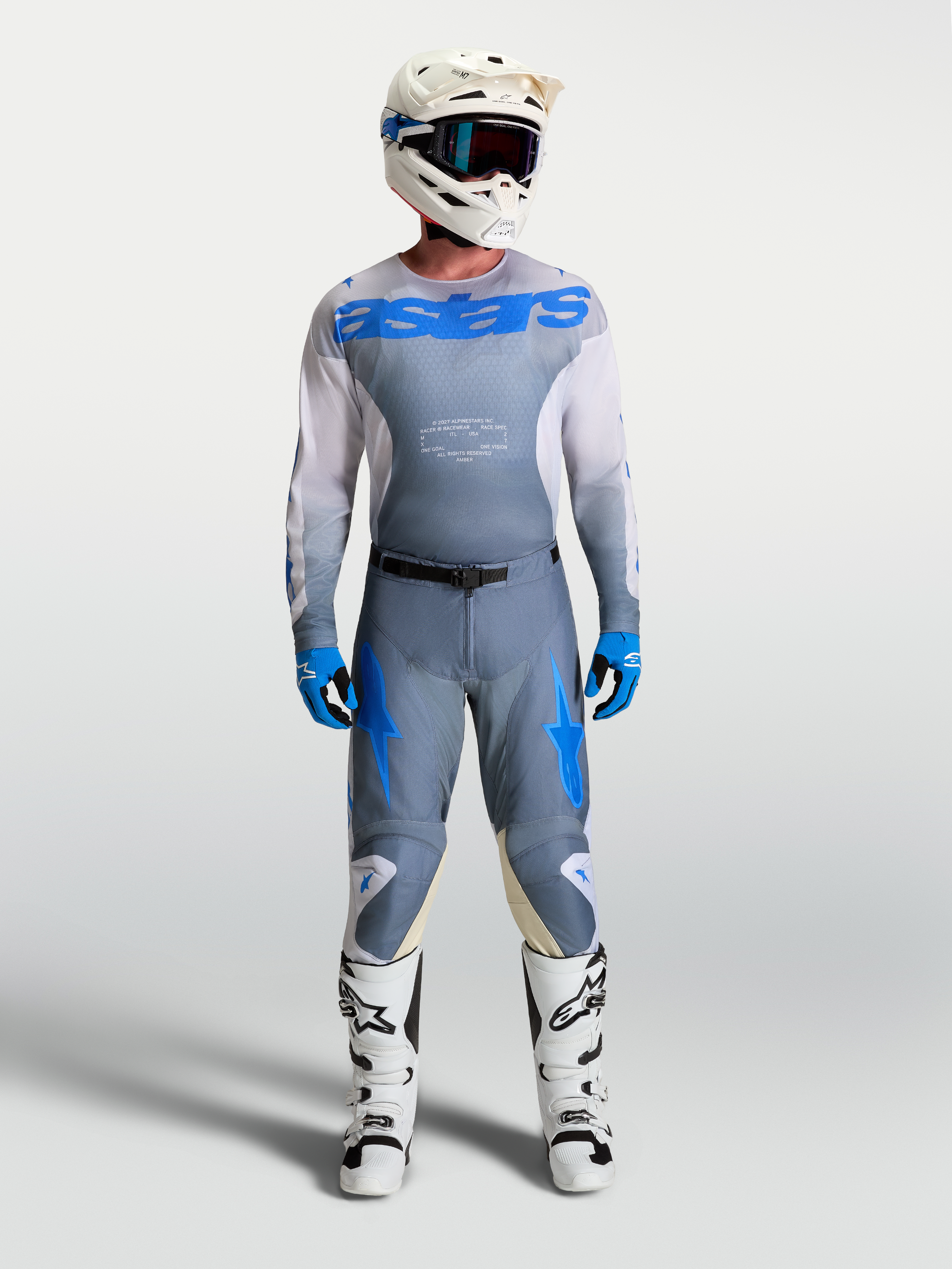 Maillot et ensemble Alpinestars Racer Amber, motocross, pour homme, gris cendré et bleu, avec casque et bottes blancs