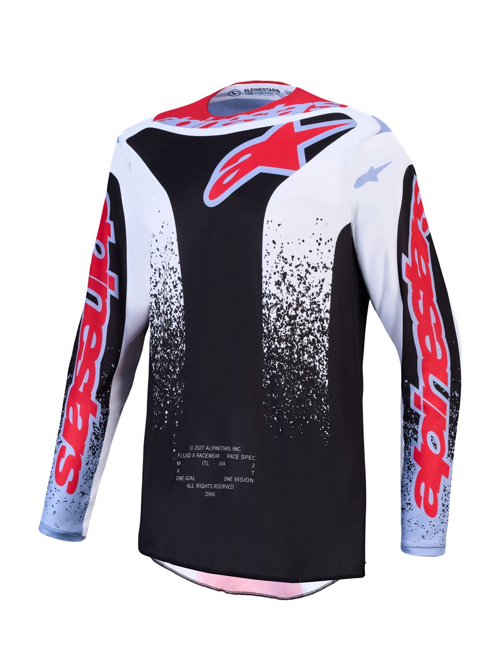 Alpinestars 2027 Fluid Drag jersey, heren-motocrossjersey in zwart, wit en rood, vochtafvoerende polyfabric voor off-road.