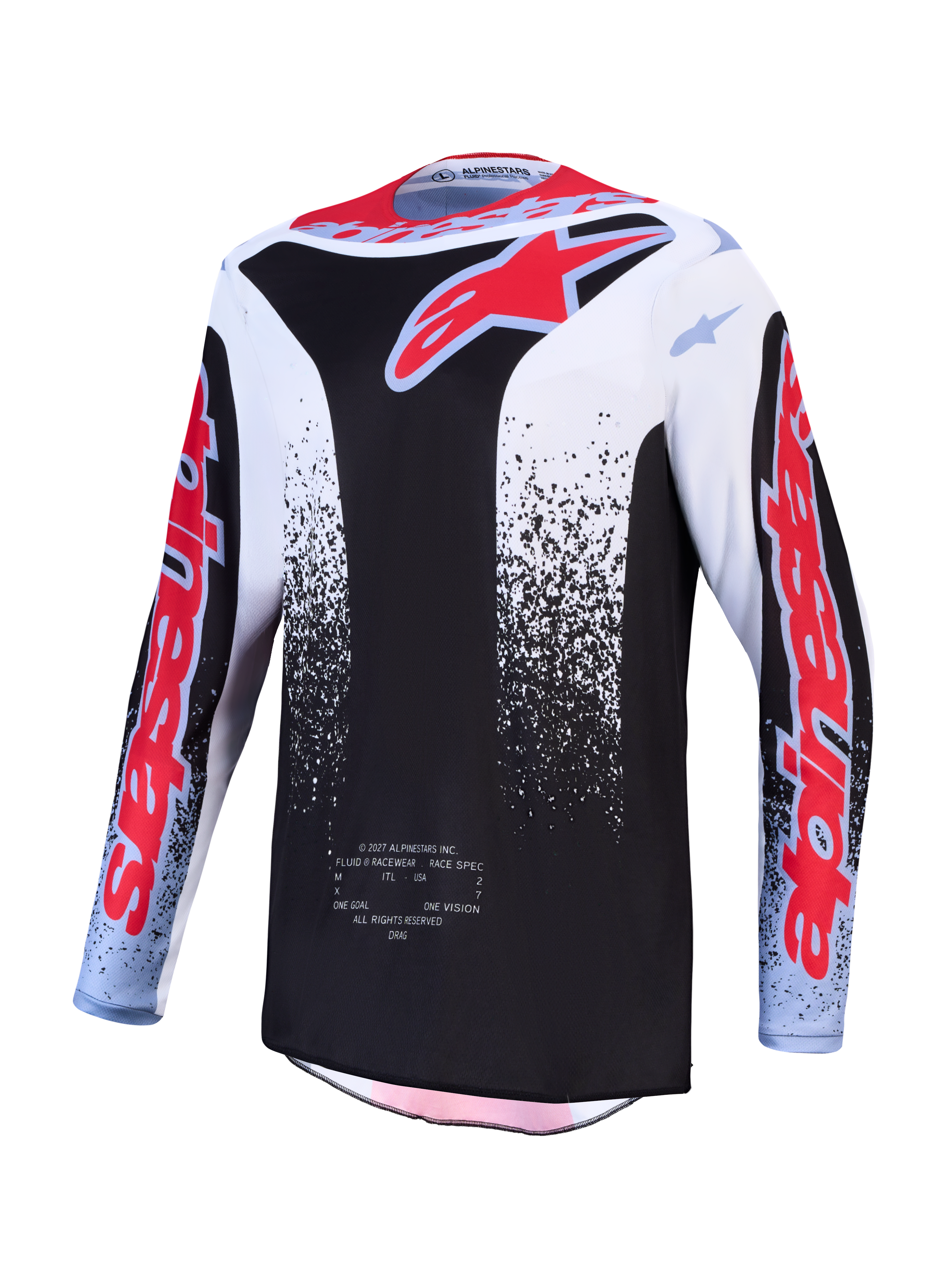 Alpinestars 2027 Fluid Drag jersey, heren-motocrossjersey in zwart, wit en rood, vochtafvoerende polyfabric voor off-road.