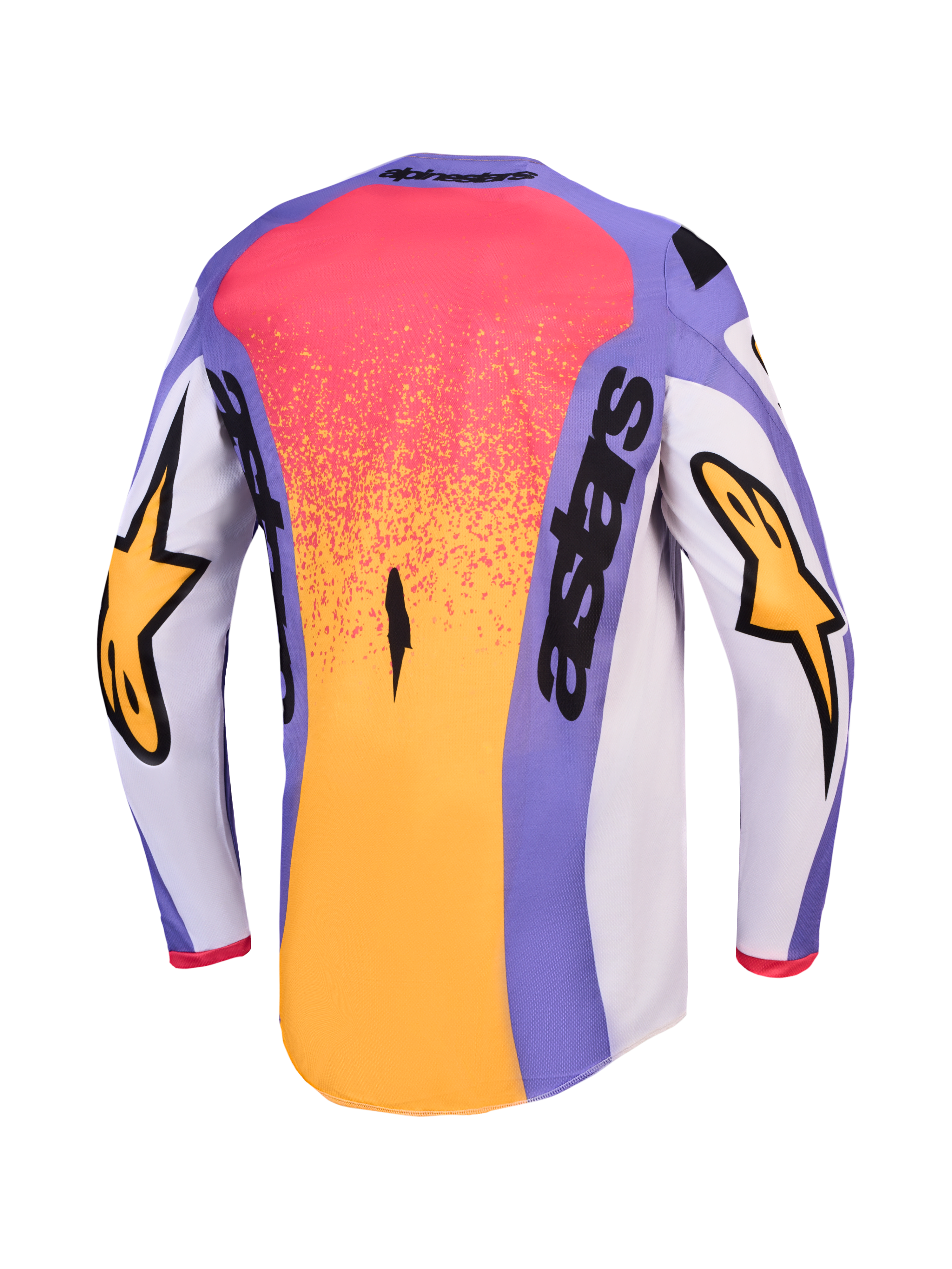 Alpinestars Fluid Drag Jersey, heren-motorcrossjersey in lichtpaars en goud, achterkant met een verlengde snit.