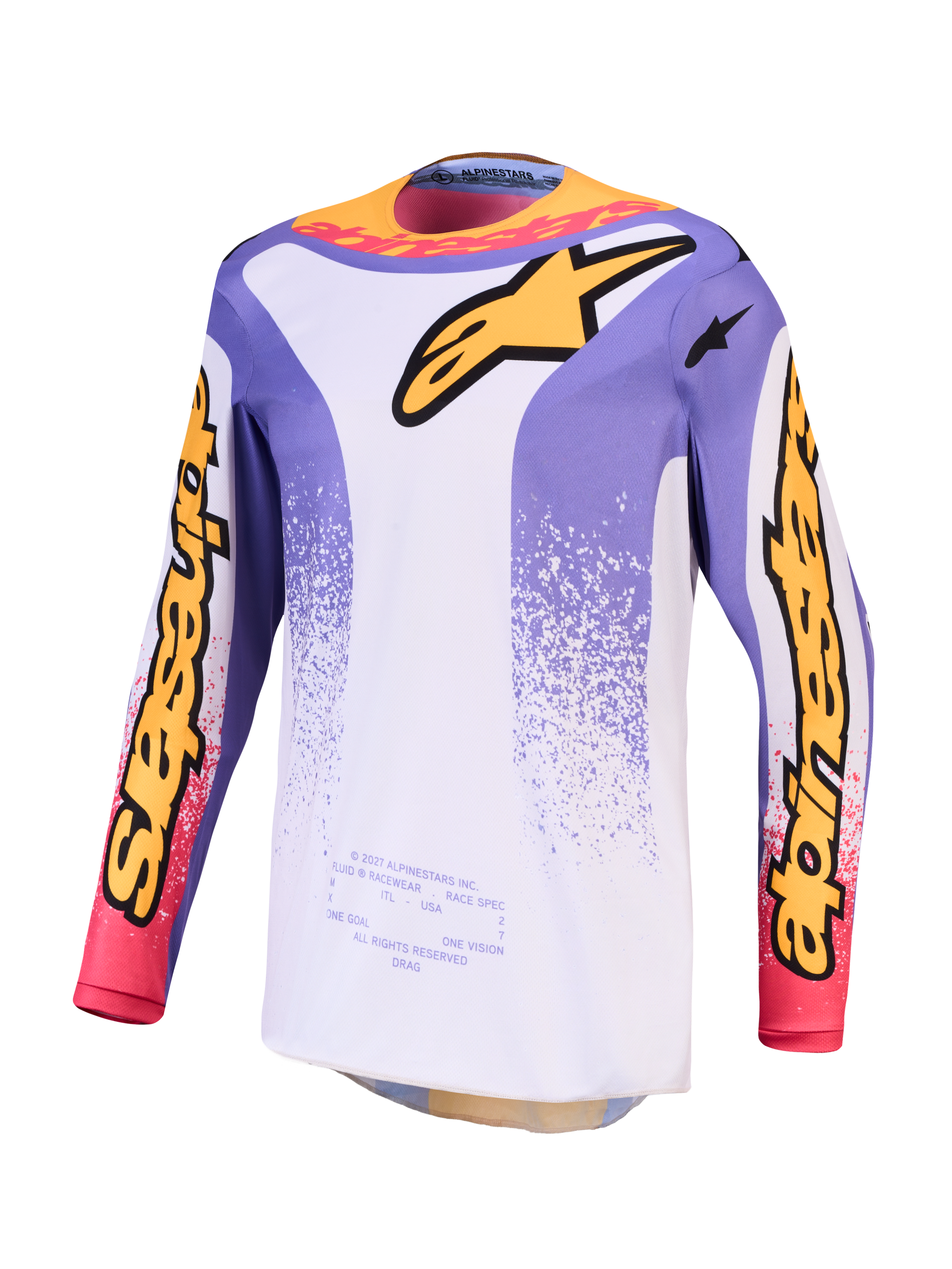 Alpinestars Fluid Drag jersey, herenmotocross-jersey, licht lila en blauw iris, vochtafvoerende polyfabric.