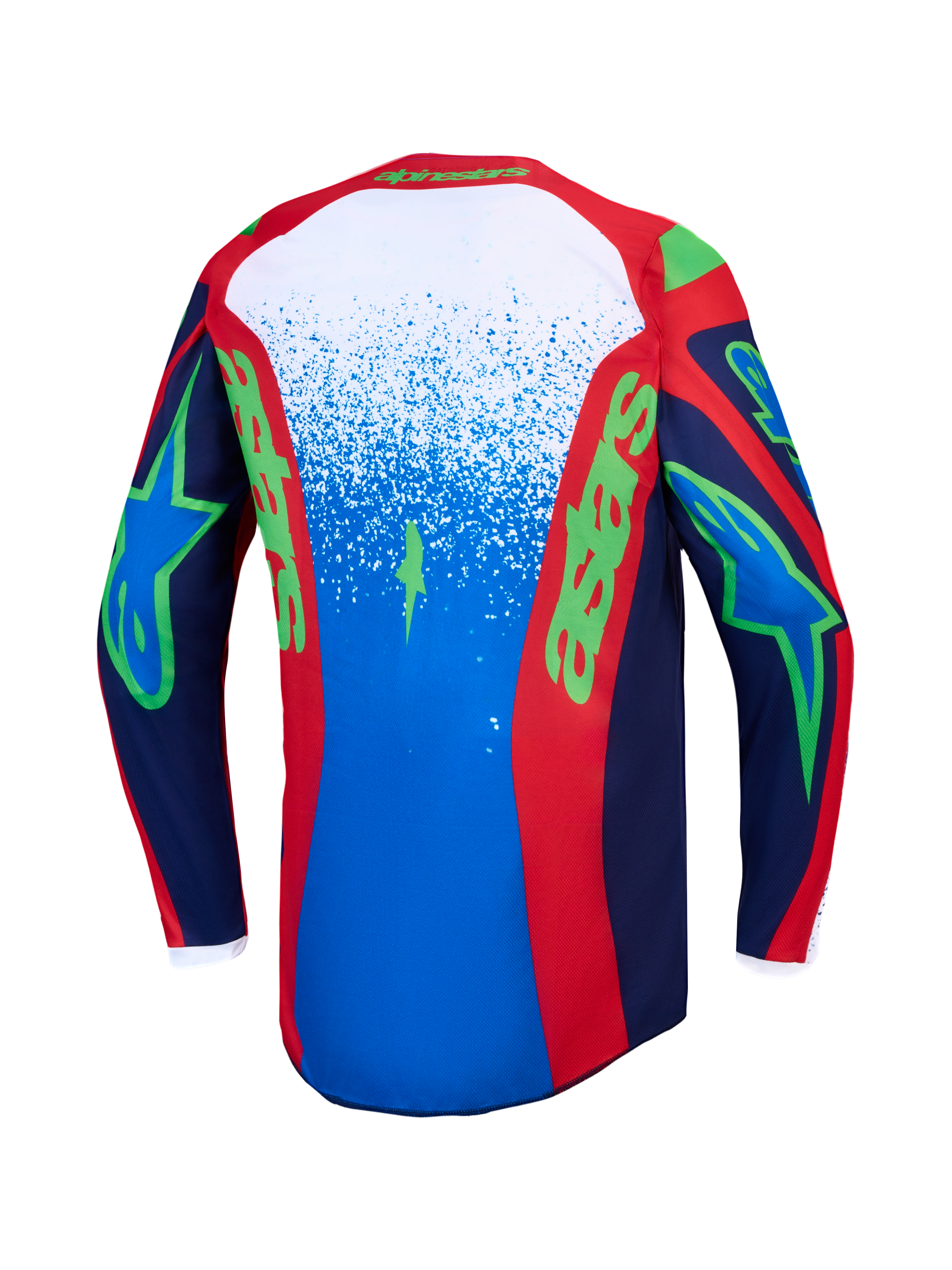 Alpinestars Fluid Drag Trikot, Herren-Motocross-Oberteil in Blau und Feuerrot mit grünen Grafiken, Rückansicht.