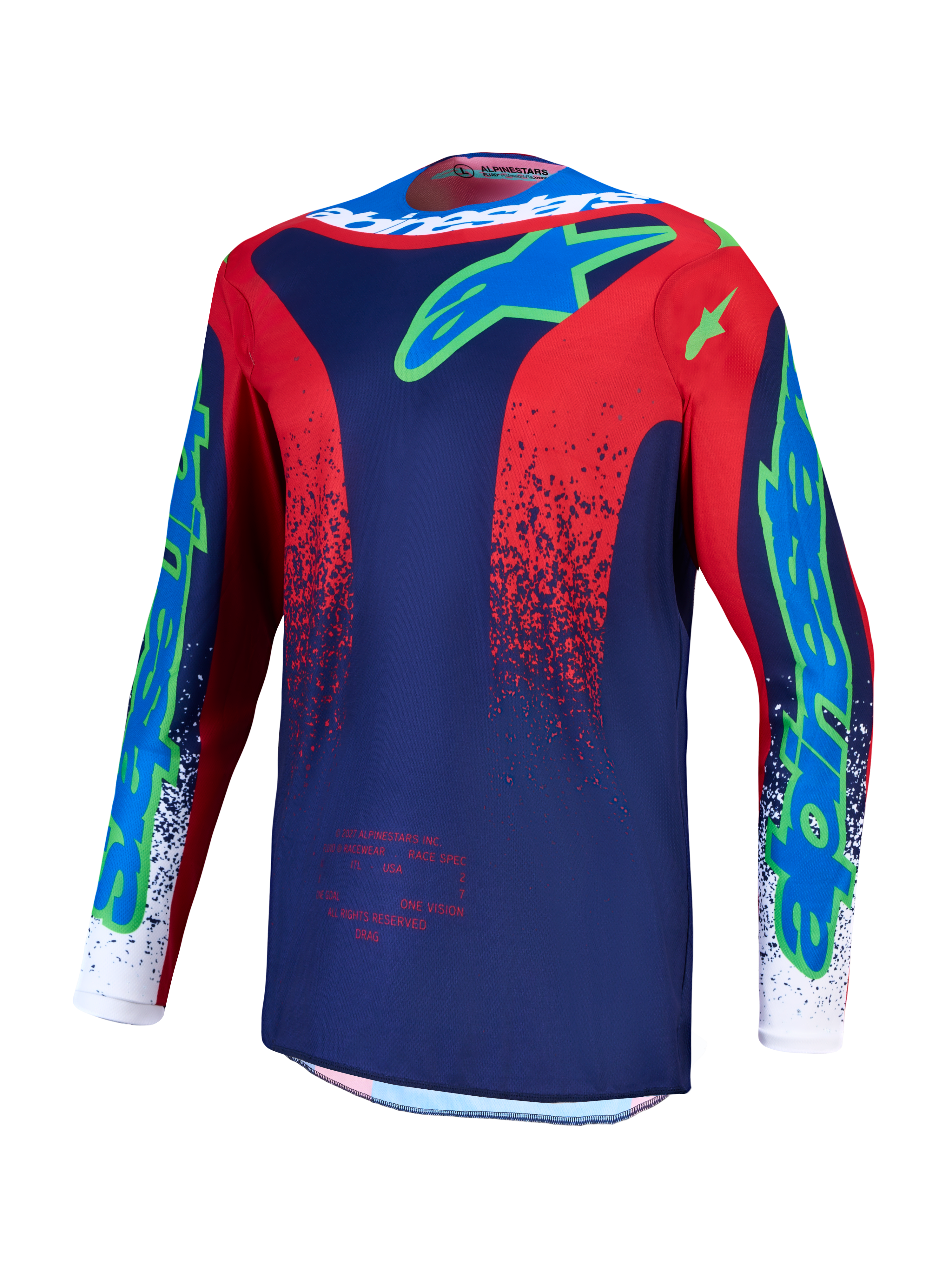 Alpinestars Fluid Drag Trikot, Motocross-Oberteil für Herren, Navyblau und Feuerrot, feuchtigkeitsableitendes Polygewebe mit limettengrünen Logos