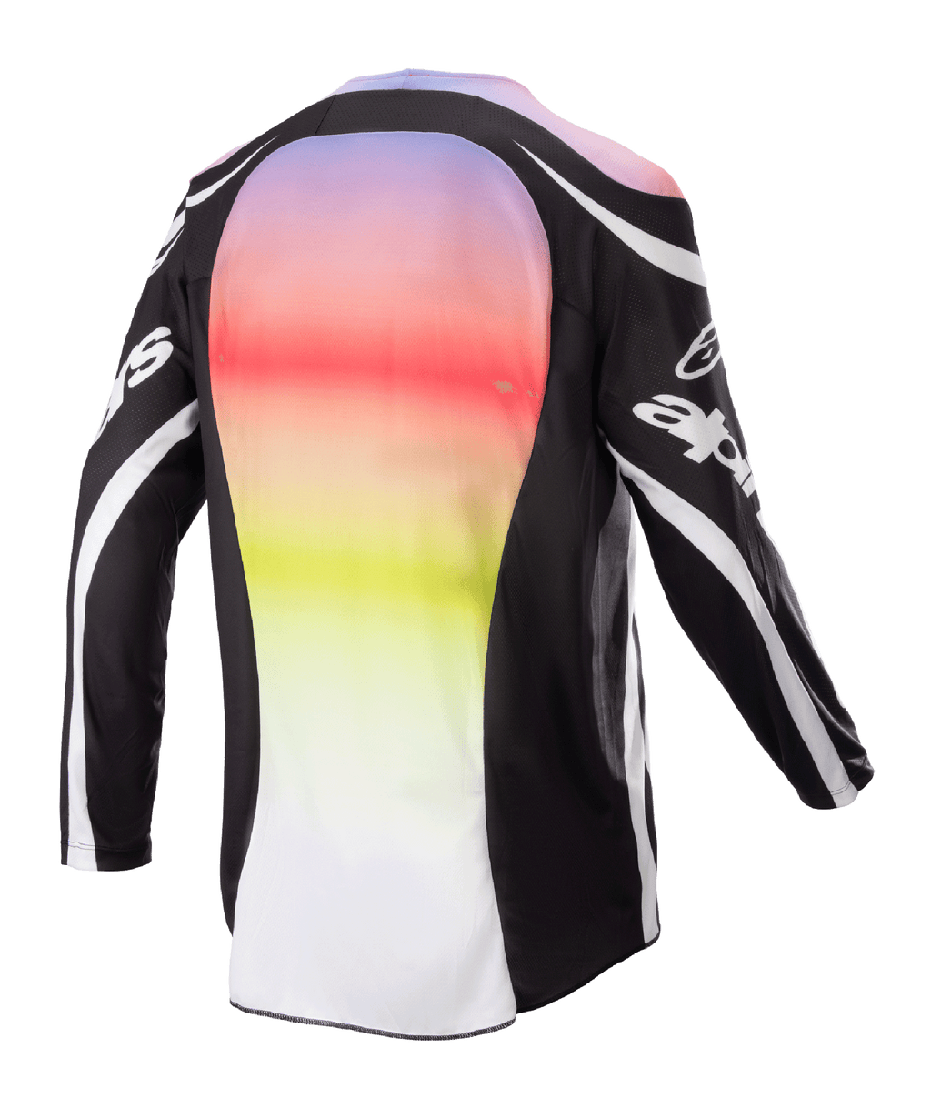 Alpinestars 2023 Racer Semi Jersey, Motocross-Trikot, Schwarz Mehrfarbig, Rückansicht mit großem zentralen Panel mit lebhaftem Farbverlauf von Lila zu Gelb, schwarze Ärmel und Schultern mit weißen Logo-Akzenten und geschwungenen Linien, entwickelt für Offroad-Performance