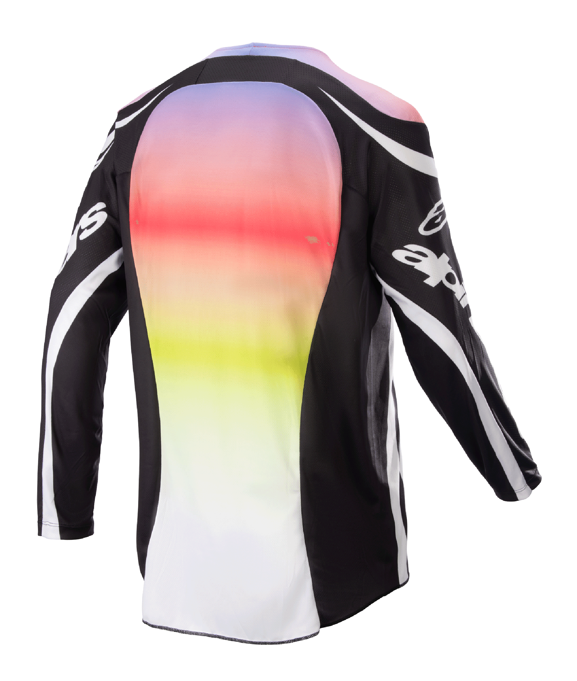 Alpinestars 2023 Racer Semi Jersey, Motocross-Trikot, Schwarz Mehrfarbig, Rückansicht mit großem zentralen Panel mit lebhaftem Farbverlauf von Lila zu Gelb, schwarze Ärmel und Schultern mit weißen Logo-Akzenten und geschwungenen Linien, entwickelt für Offroad-Performance