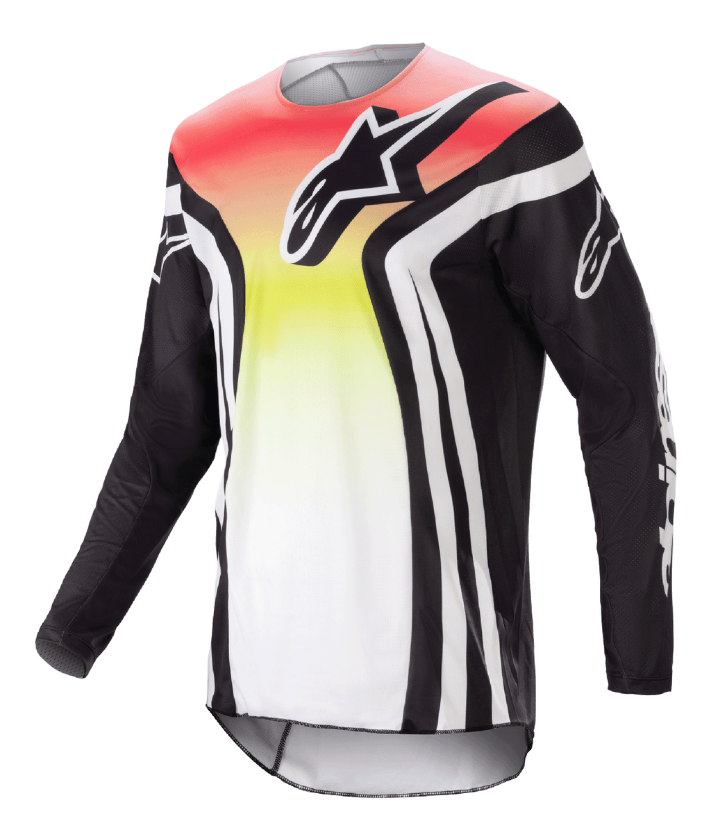 Alpinestars 2023 Racer Semi Jersey, Motocross-Langarmtrikot, Schwarz und Mehrfarbig mit rot-gelb-weißem Farbverlauf, markantes Brustlogo und weiße Ärmelstreifen, leichtes, feuchtigkeitsableitendes Material für Offroad-Performance