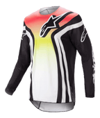 Alpinestars 2023 Racer Semi Jersey, Motocross-Langarmtrikot, Schwarz und Mehrfarbig mit rot-gelb-weißem Farbverlauf, markantes Brustlogo und weiße Ärmelstreifen, leichtes, feuchtigkeitsableitendes Material für Offroad-Performance