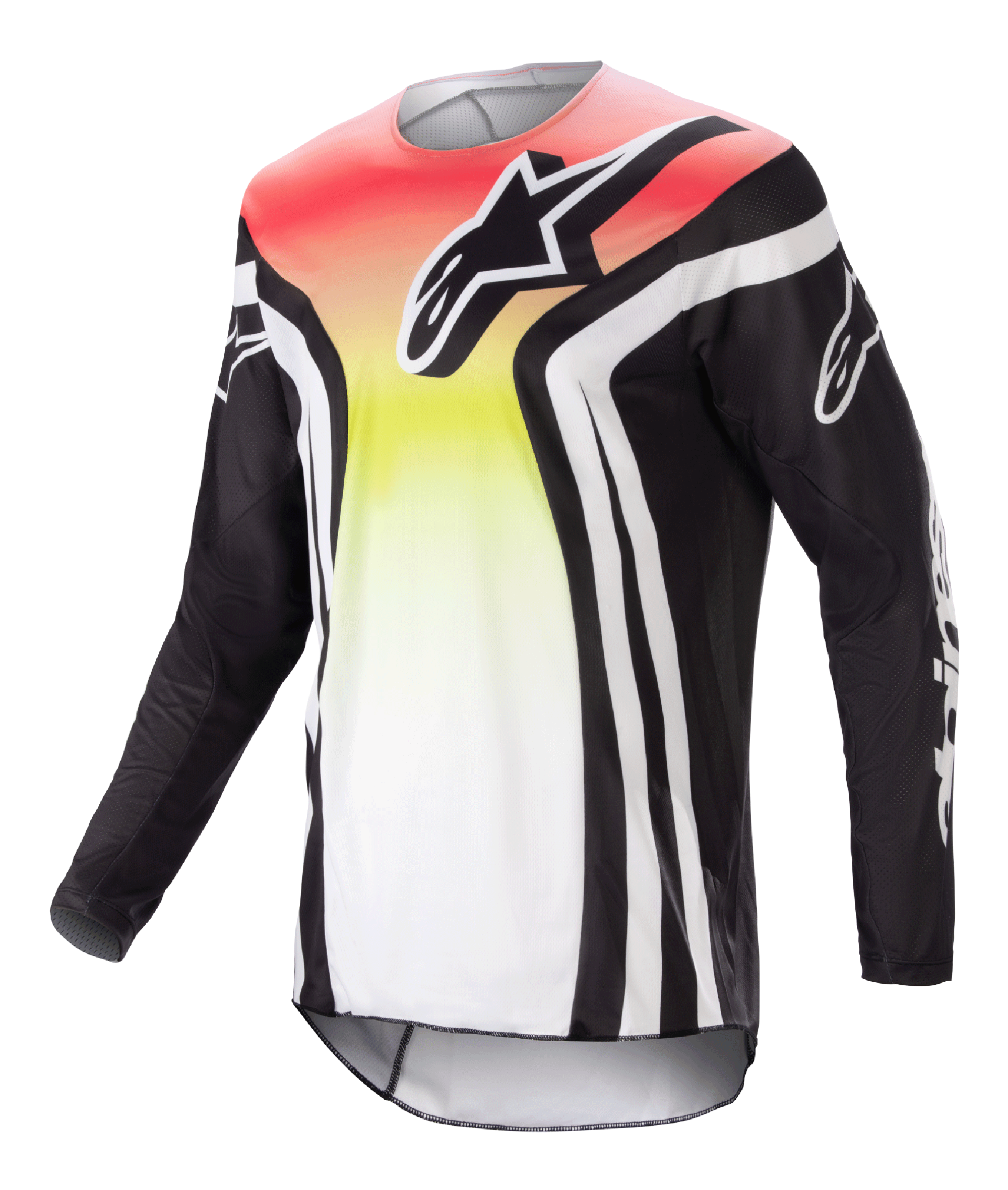 Alpinestars 2023 Racer Semi Jersey, Motocross-Langarmtrikot, Schwarz und Mehrfarbig mit rot-gelb-weißem Farbverlauf, markantes Brustlogo und weiße Ärmelstreifen, leichtes, feuchtigkeitsableitendes Material für Offroad-Performance