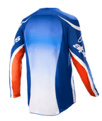 Alpinestars 2023 Racer Semi Jersey, Motocross-Trikot, Blau Hot Orange und Weiß, Rückansicht mit blau-weißem Farbverlauf im zentralen Bereich, orangefarbenen Ärmelakzenten mit weißem Branding und verlängerter Rückenpartie für Offroad-Fahrten