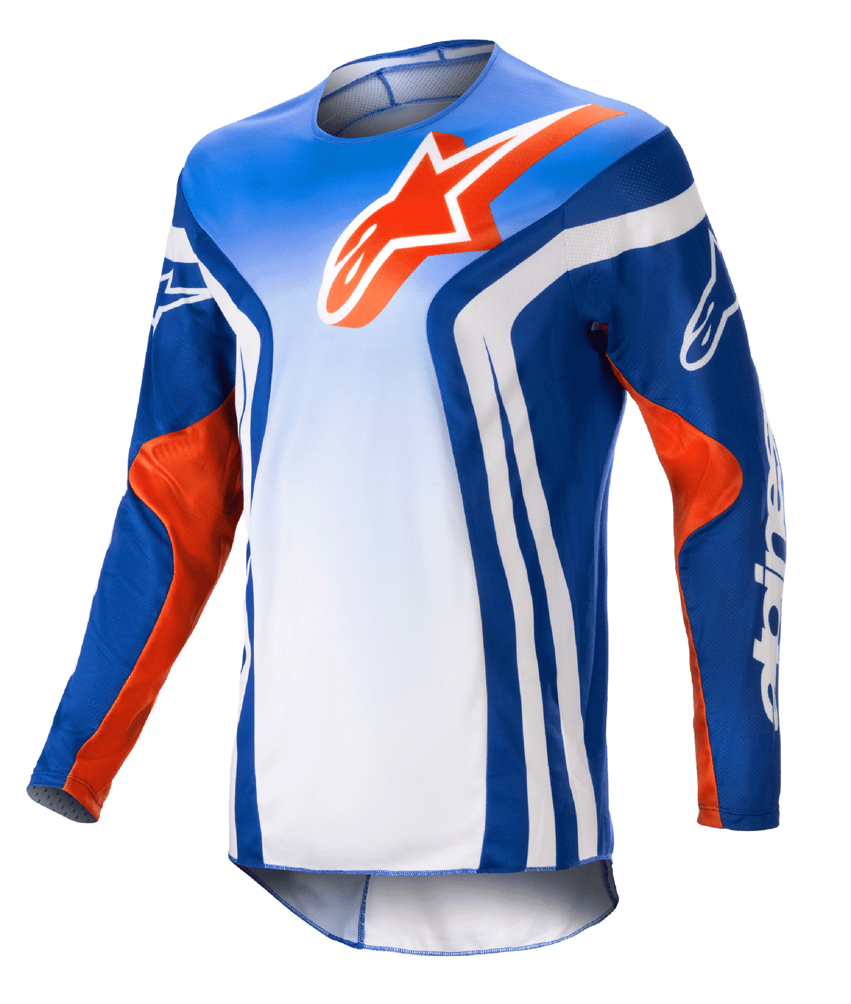 Alpinestars 2023 Racer Semi Jersey, motorcross shirt met lange mouwen, blauw en wit kleurverloop met Hot Orange accenten, groot oranje Alpinestars-logo op de borst, opvallende witte verticale strepen aan de zijkanten, lichtgewicht vochtafvoerende stof voor off-road rijden