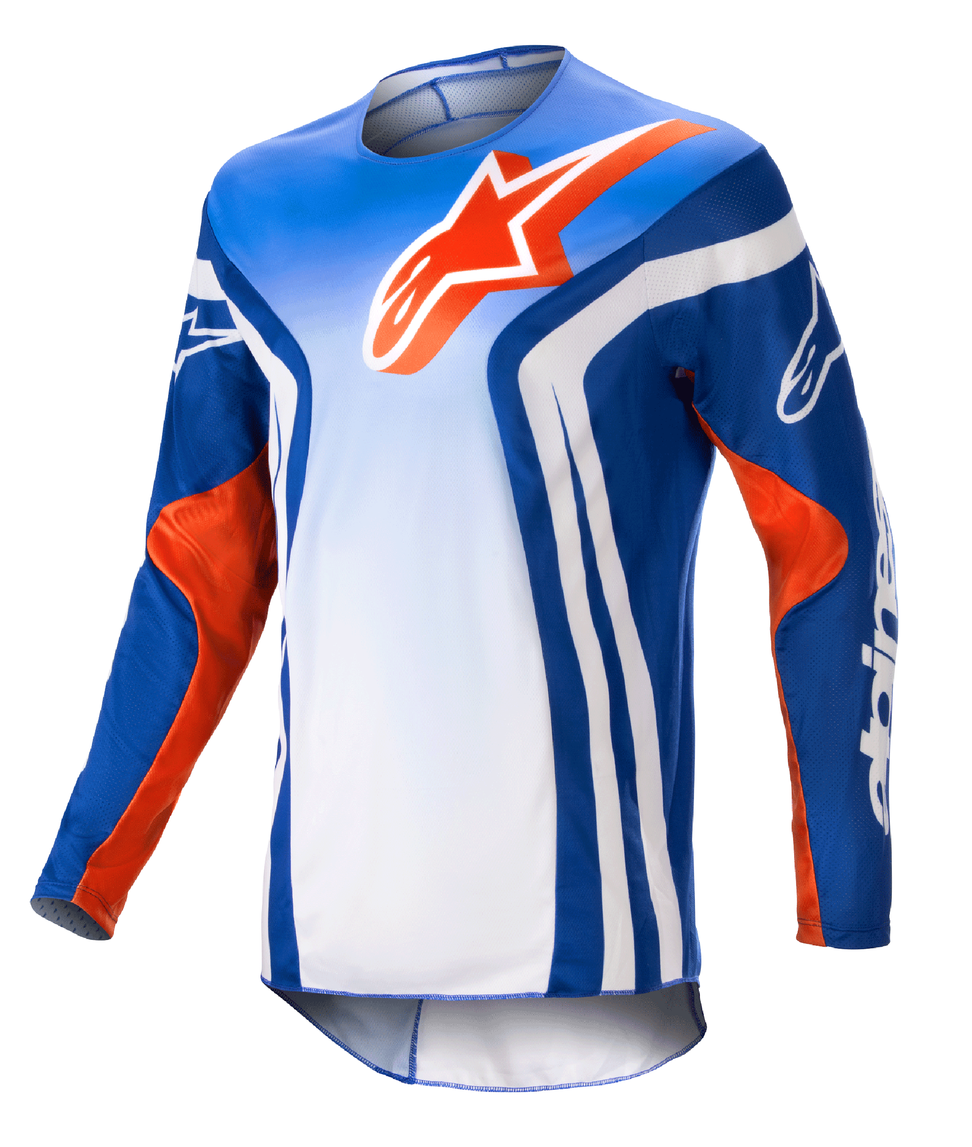 Alpinestars 2023 Racer Semi Trikot, Langarm-Motocross-Jersey, blau-weißer Farbverlauf mit Akzenten in Hot Orange, großes orangefarbenes Alpinestars-Logo auf der Brust, markante weiße vertikale Streifen an den Seiten, leichtes feuchtigkeitsableitendes Material für den Offroad-Einsatz