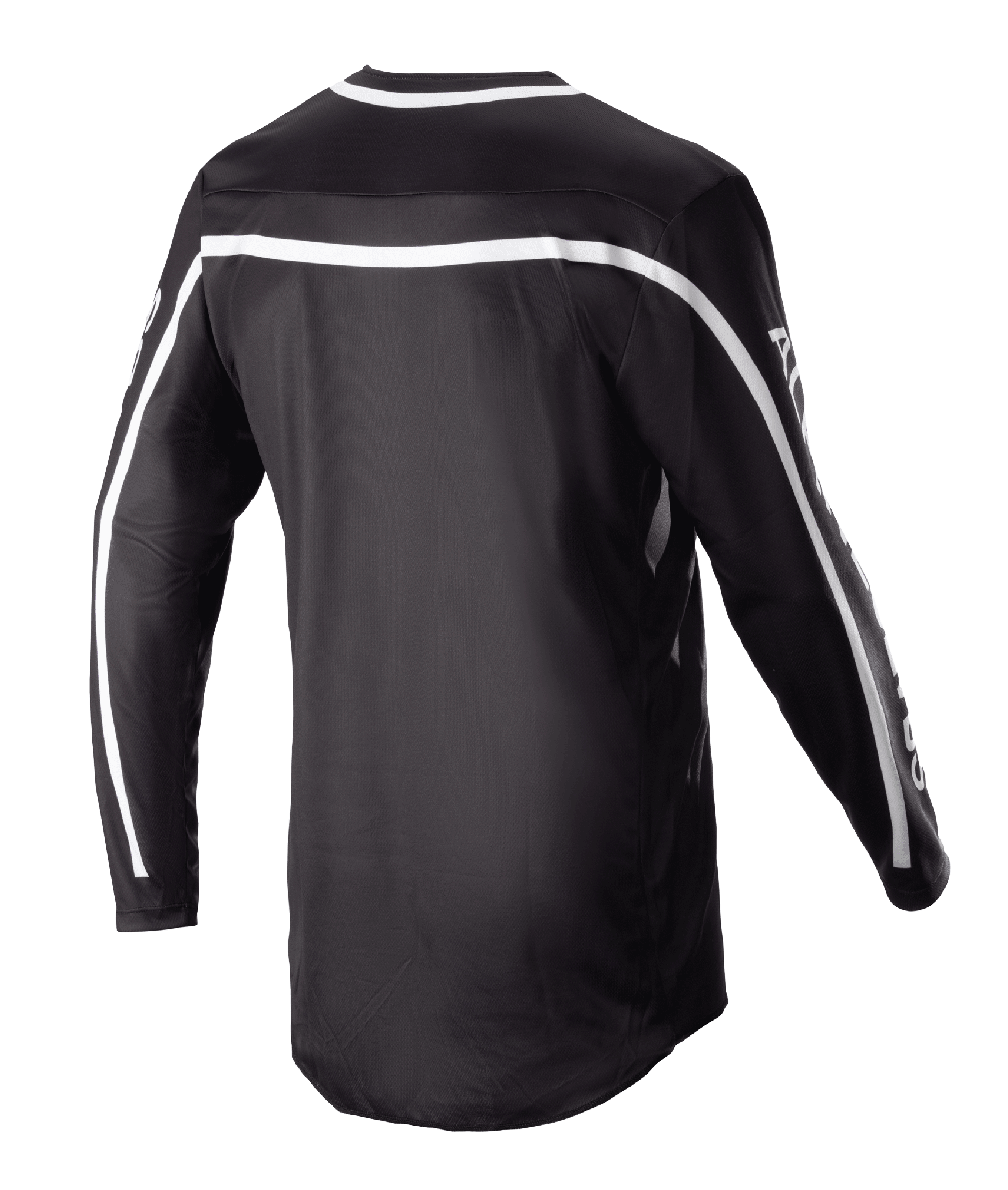 Alpinestars 2023 Racer Found Trikot, schwarzes Motocross-Trikot, Rückansicht mit weißen Streifen über den Schultern und Ärmeln, langärmeliges Design mit verlängertem Rücken für Schutz, leichte und atmungsaktive Performance-Ausrüstung