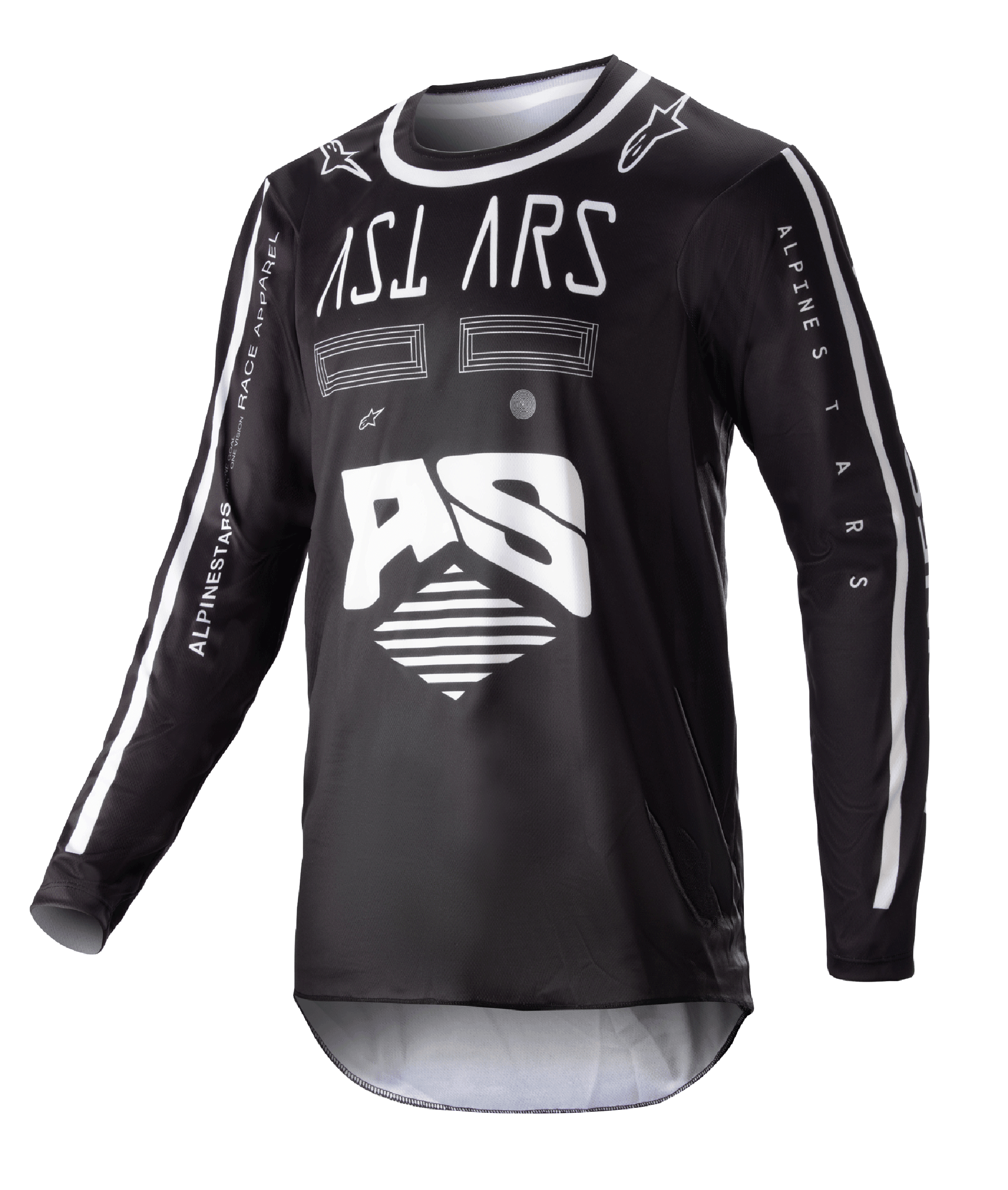 Alpinestars 2023 Racer Found Jersey, Black Long-Sleeve Motocross Jersey, White abstract graphics and large AS logo, ASTARS branding on chest, white-trimmed round collar, performance race apparel