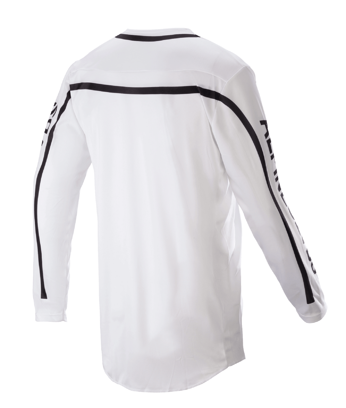 Alpinestars 2023 Racer Found Jersey, Motocross-Trikot, Weiß, Rückansicht mit schwarzen Streifen an Schultern und Ärmeln, verlängerter Rückensaum für optimale Abdeckung, leichte Poly-Gewebe-Konstruktion